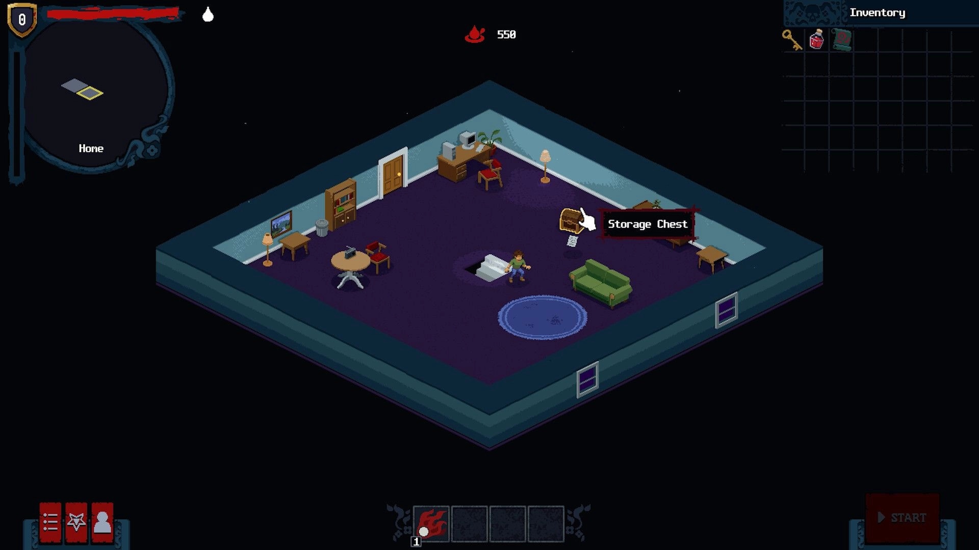 Bad House: Player stands by stairs with Storage Chest prompt in a furnished home room, inventory open.