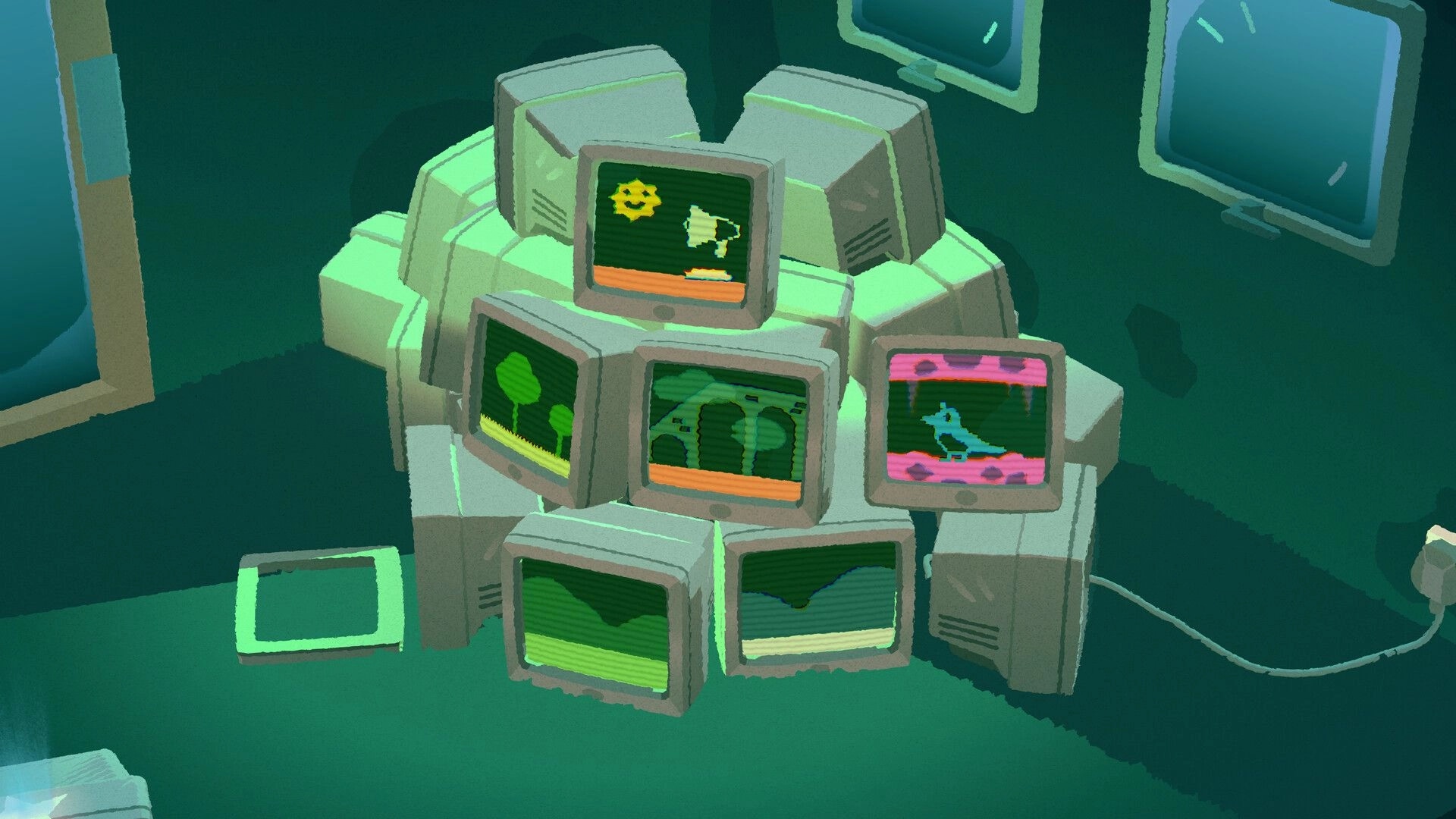 Bad Magpie: Pile of CRT monitors showing pixel art scenes in a dim green room with cables.