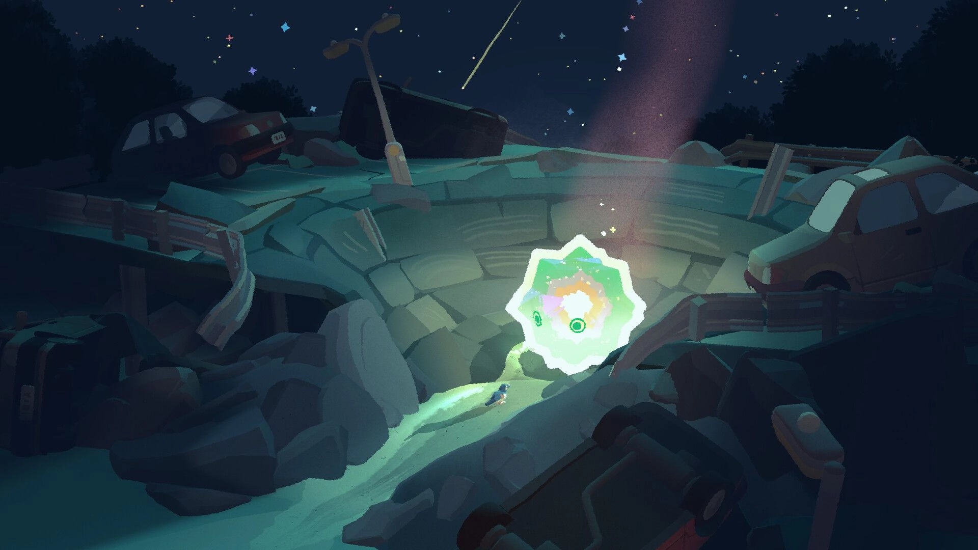 Bad Magpie: Magpie approaches glowing star shard in crashed highway scene under a starry night sky.