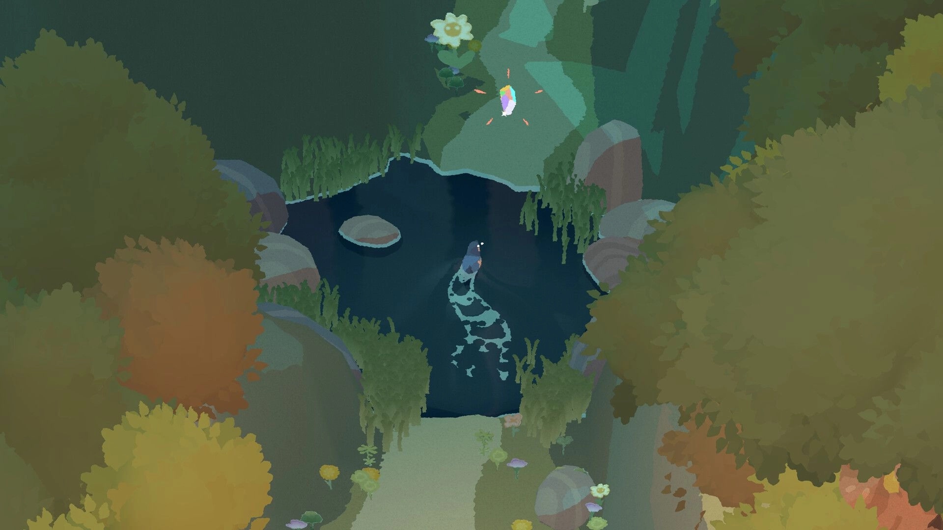 Bad Magpie: One-winged magpie wades through a pond toward a glowing gem in a forest clearing.