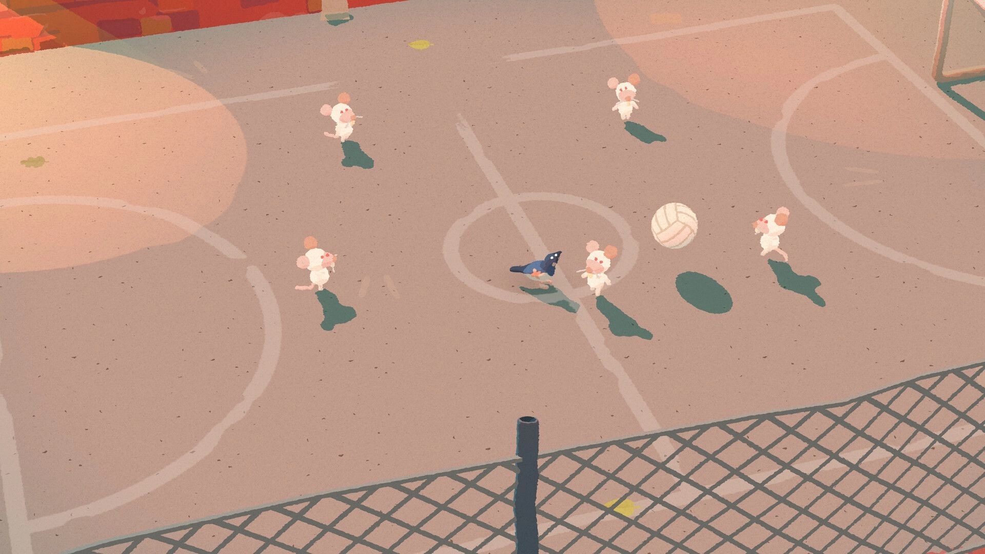 Bad Magpie: One-winged magpie amid mice on a court, with a volleyball and fence in view.
