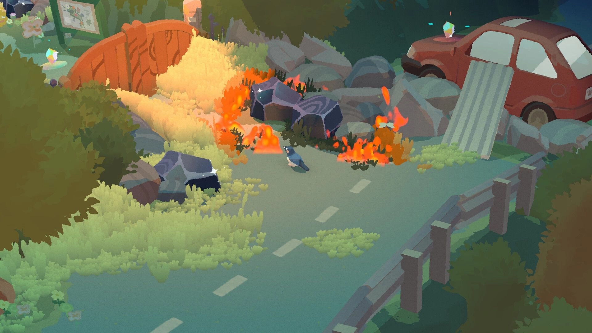 Bad Magpie: Magpie stands on a road near burning brush and rocks by a wrecked car in woods.
