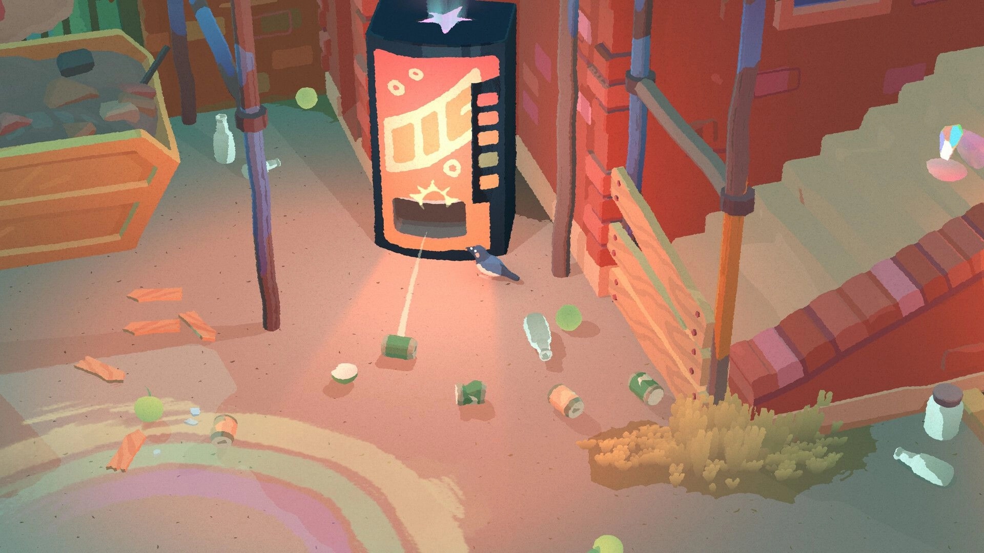 Bad Magpie: One-winged magpie tugs a can on a string by a vending machine in a messy alleyway.
