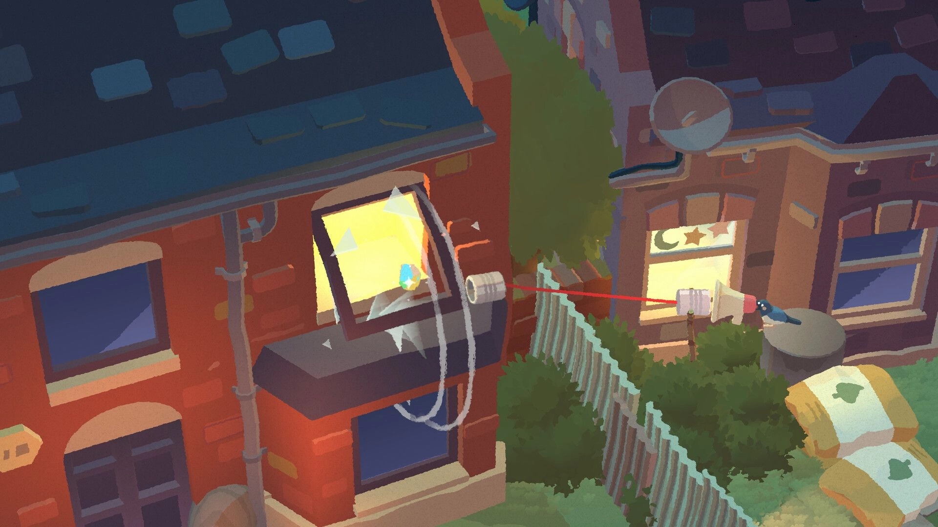 Bad Magpie: Magpie aims a red laser at a rooftop dish beside a brick building and fenced yard.