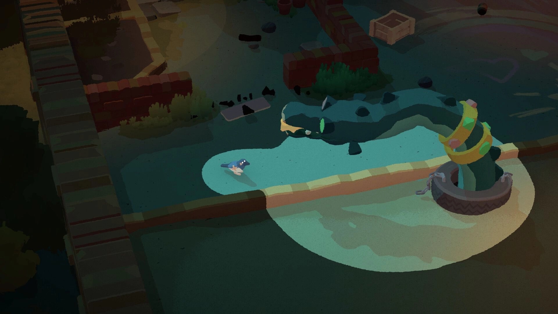 Bad Magpie: One-winged magpie creeps past a snake statue in a dim canal with stone steps nearby.
