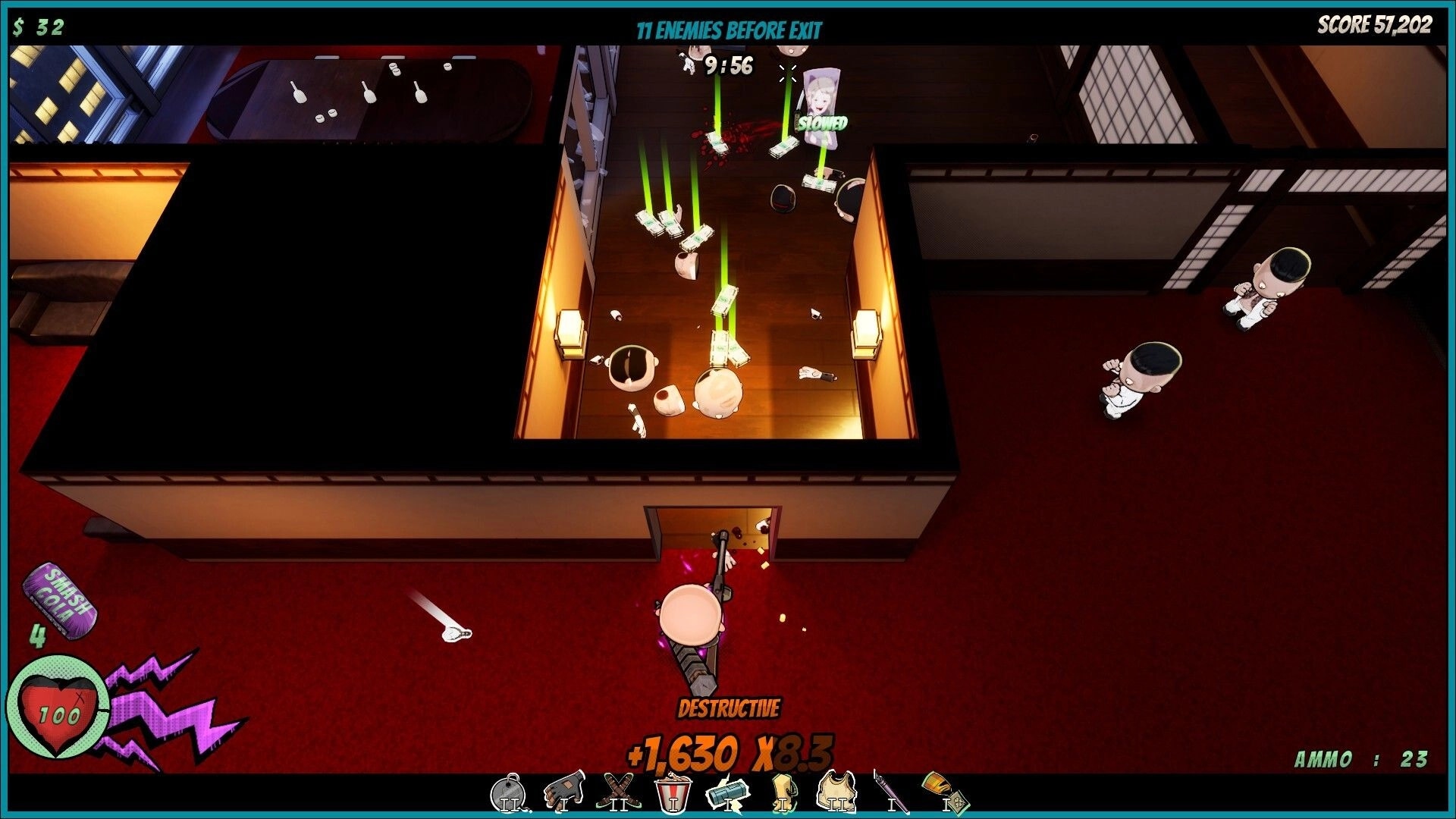 Badass Brad: Top-down gunfight in a dojo hallway, cash pickups glowing, HUD shows ammo and score.