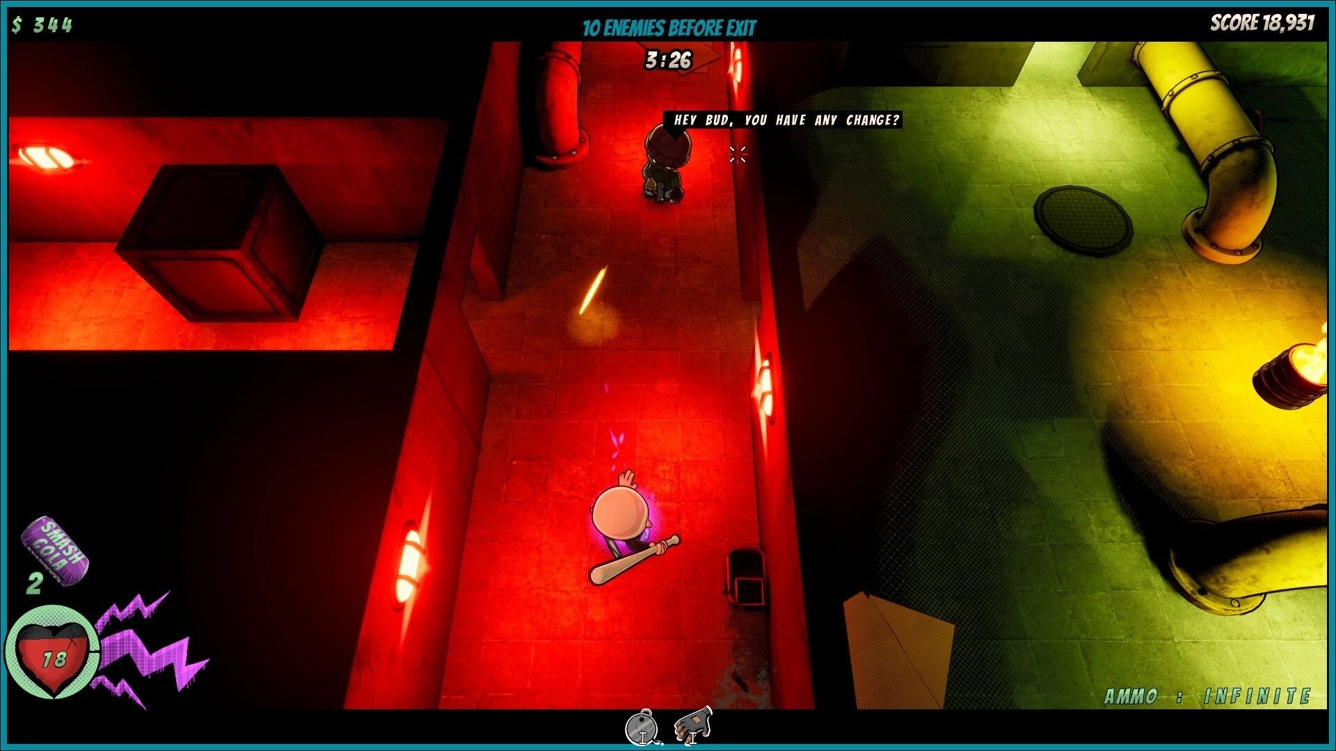 Badass Brad: Top-down hallway fight with bat-wielding hero and dialogue bubble in neon sewer maze.