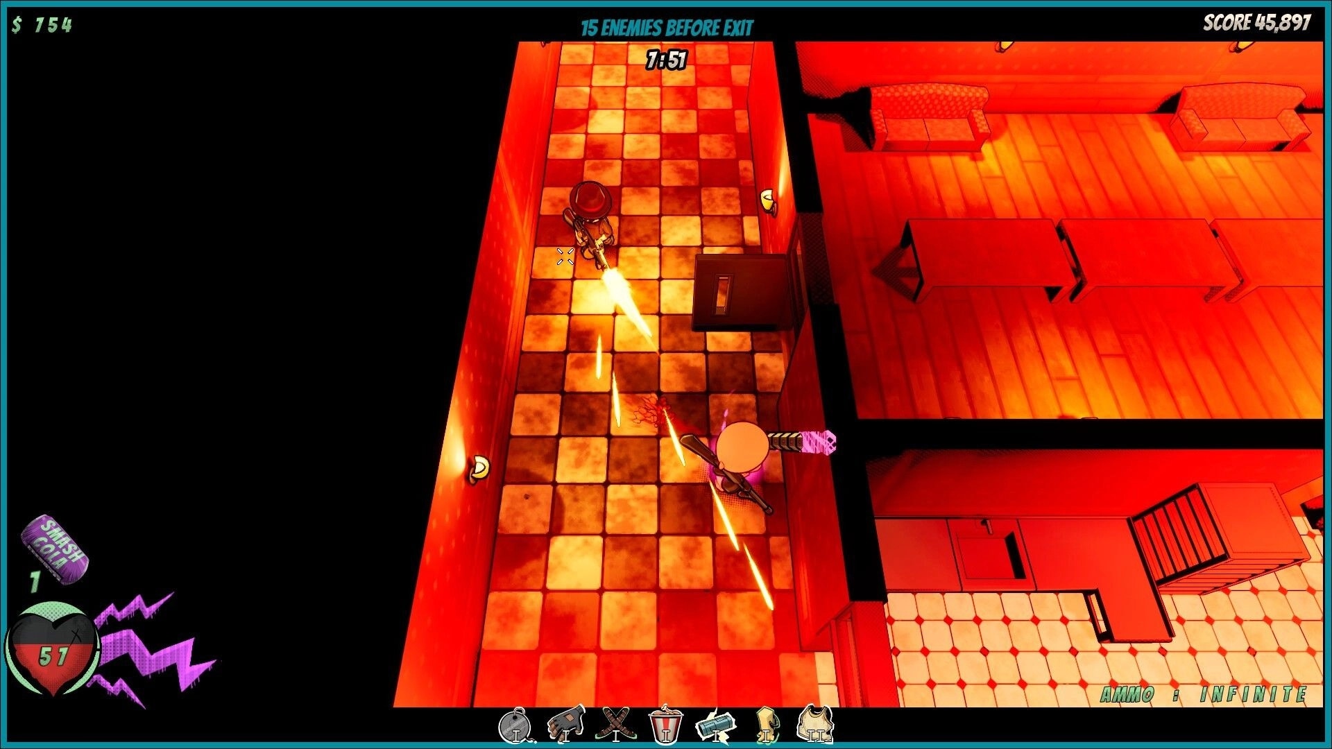Badass Brad: Top-down shootout in a red hallway, bullets flying, timer and score UI visible.