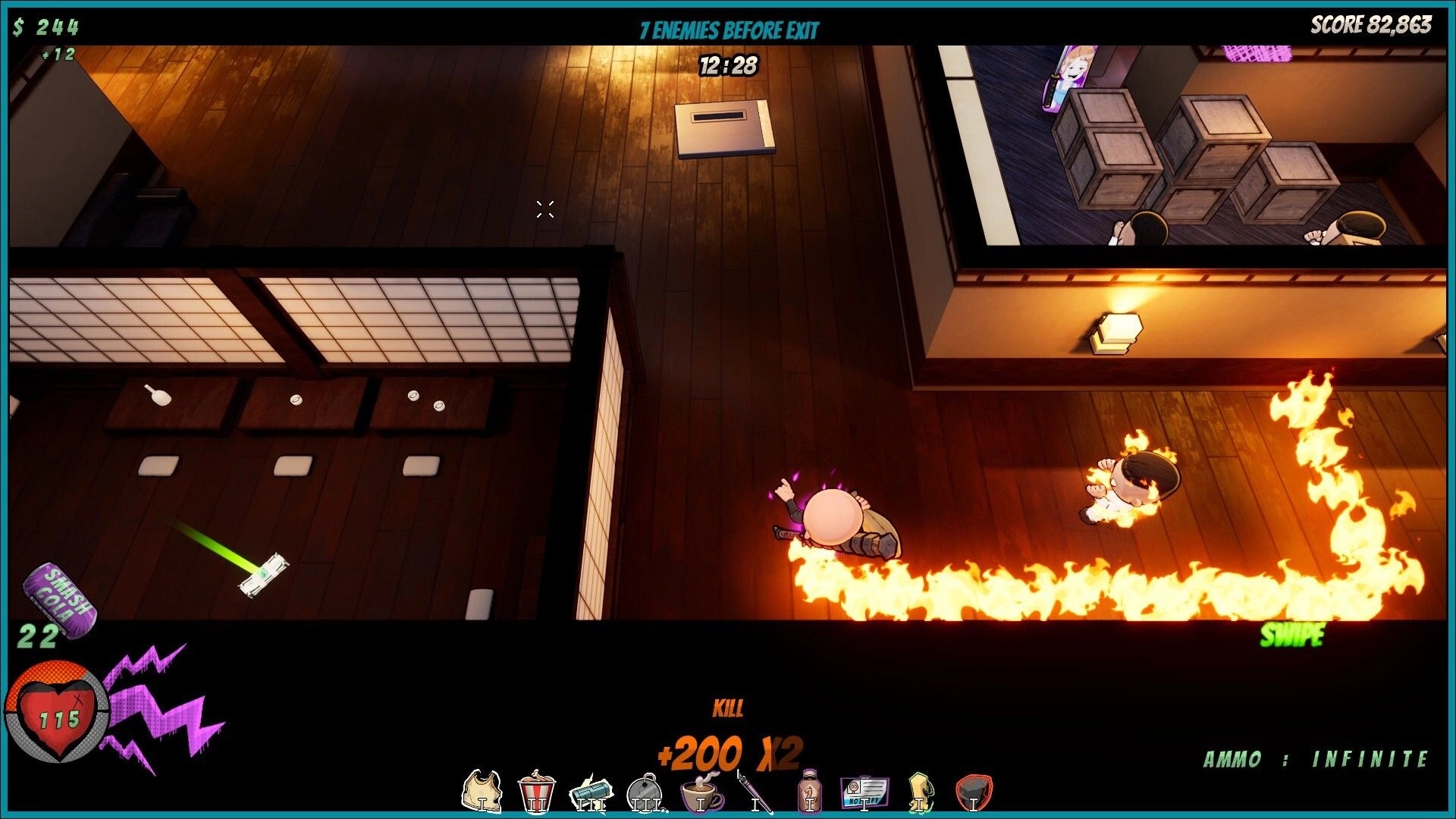 Badass Brad: Top-down firefight in wooden dojo hallway, enemies burning, HUD shows score and ammo infinite.