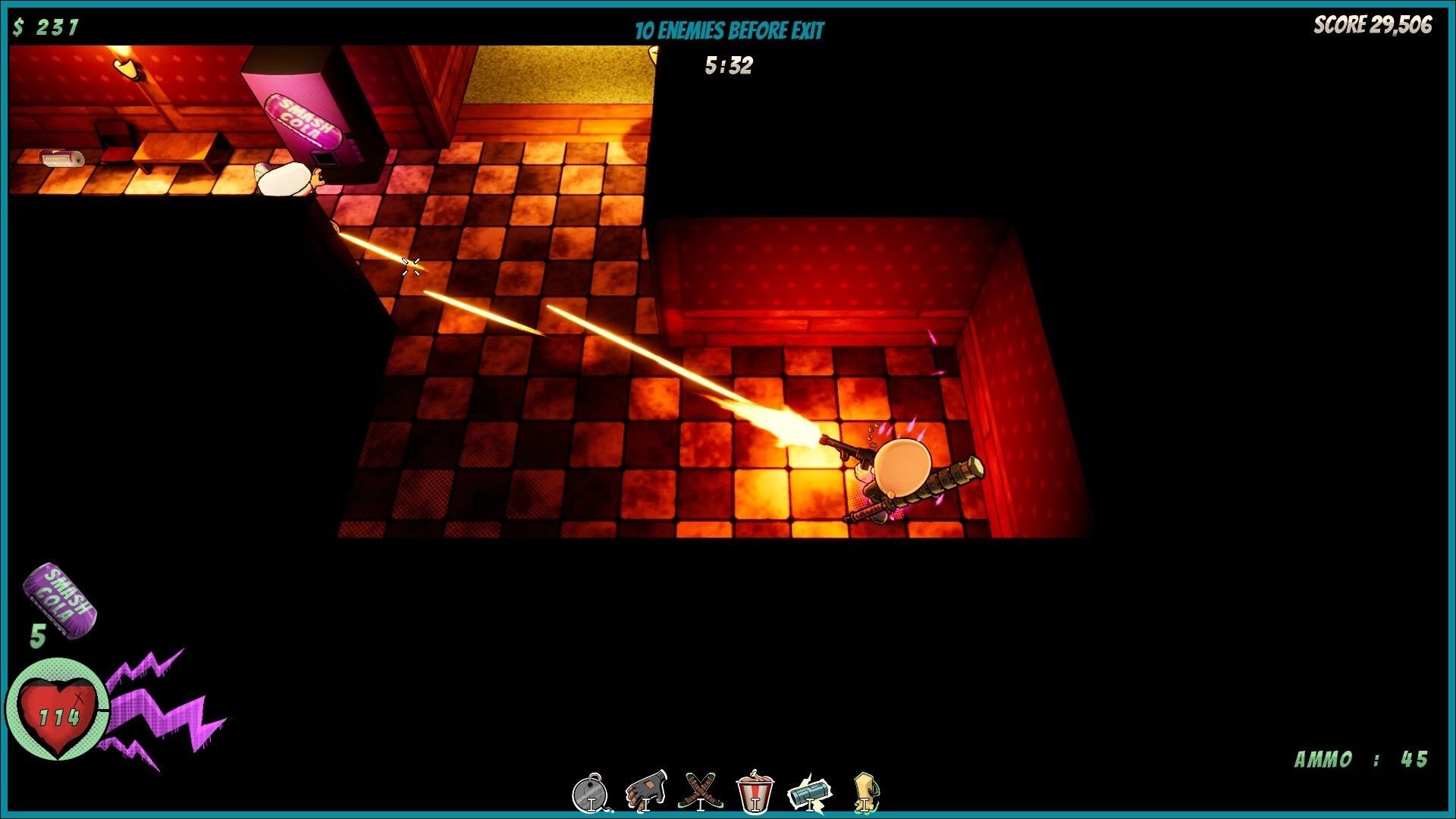 Badass Brad: Top-down shooter firing long tracer shots in red hallway, timer and ammo UI visible.