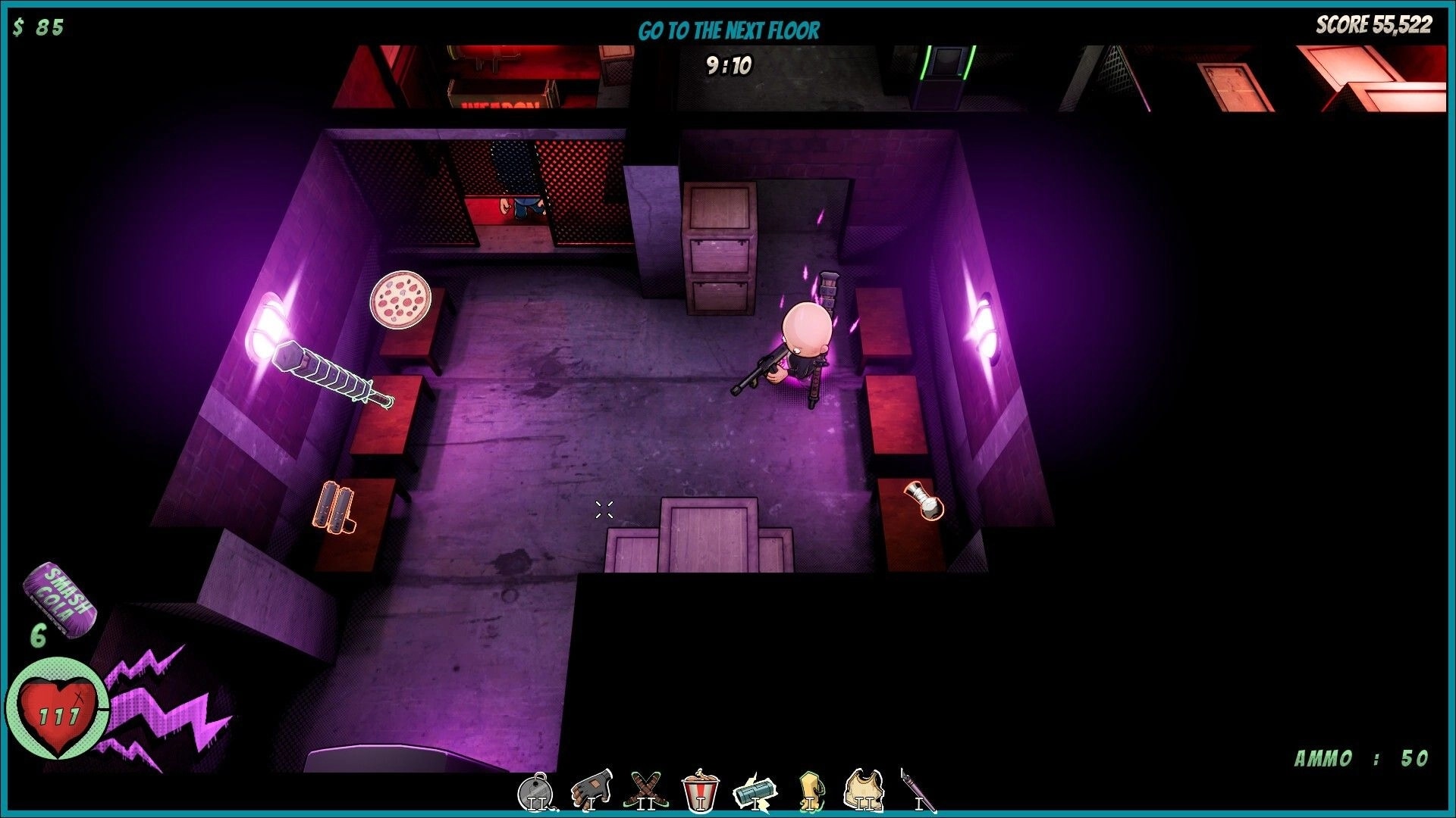 Badass Brad: Top-down gunman in purple-lit room with loot icons, timer, score, and ammo HUD.