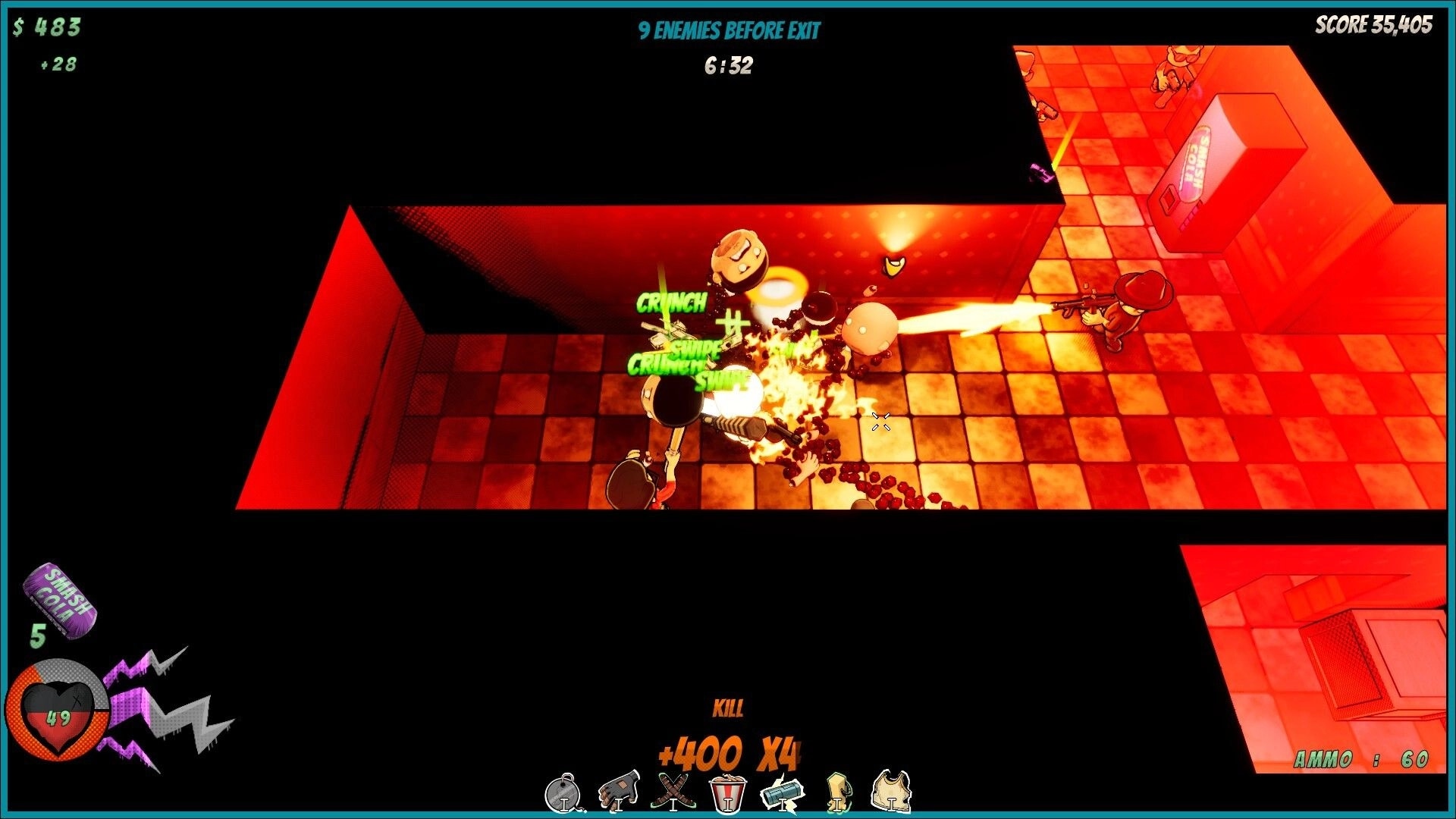 Badass Brad: Top-down gunfight with muzzle flashes and gore in red-tiled corridors, score UI visible.