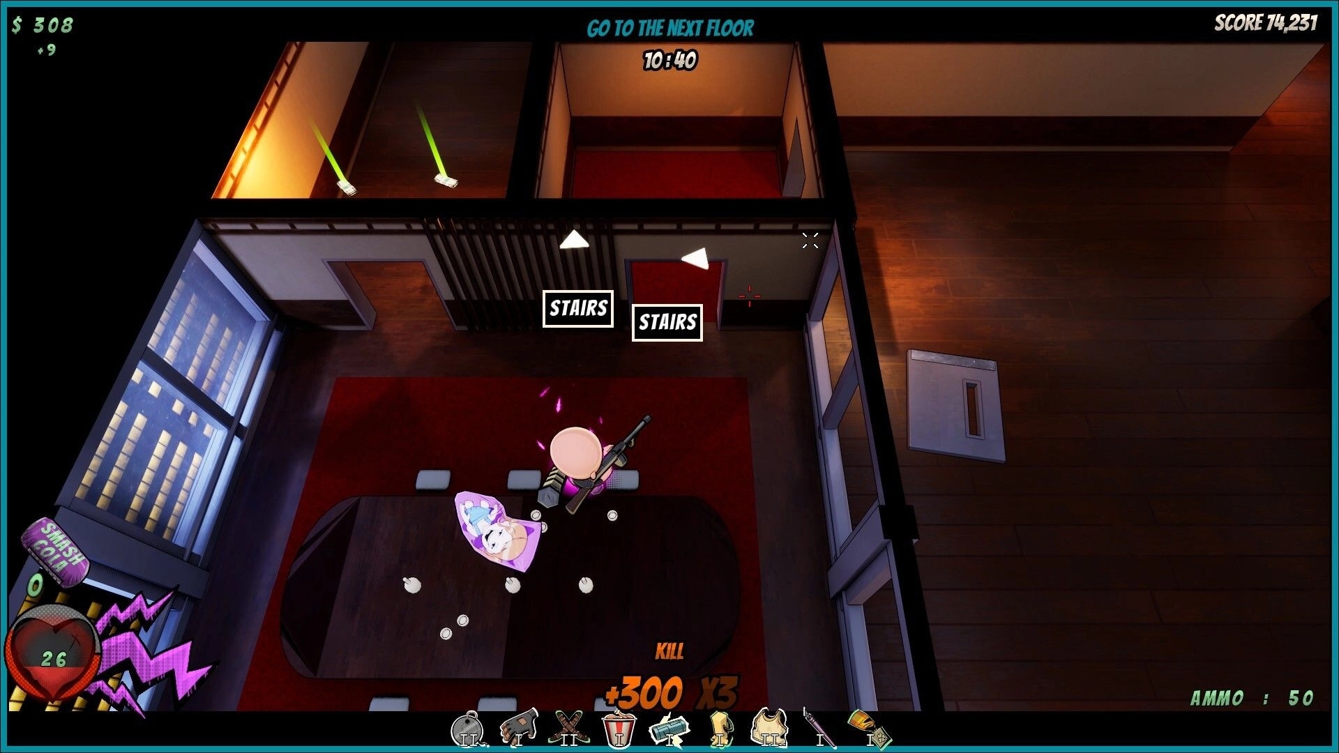 Badass Brad: Top-down room with rifle-wielding hero near table, stairs markers, ammo UI in building.