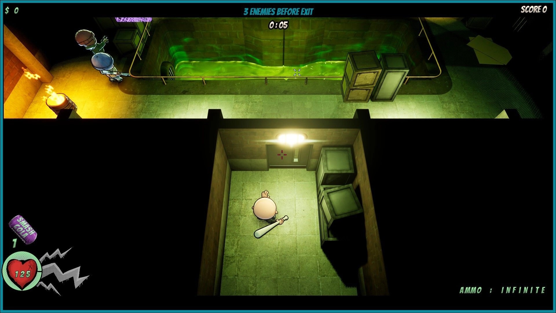 Badass Brad: Top-down hero with bat in sewer room, HUD shows 3 enemies before exit timer.