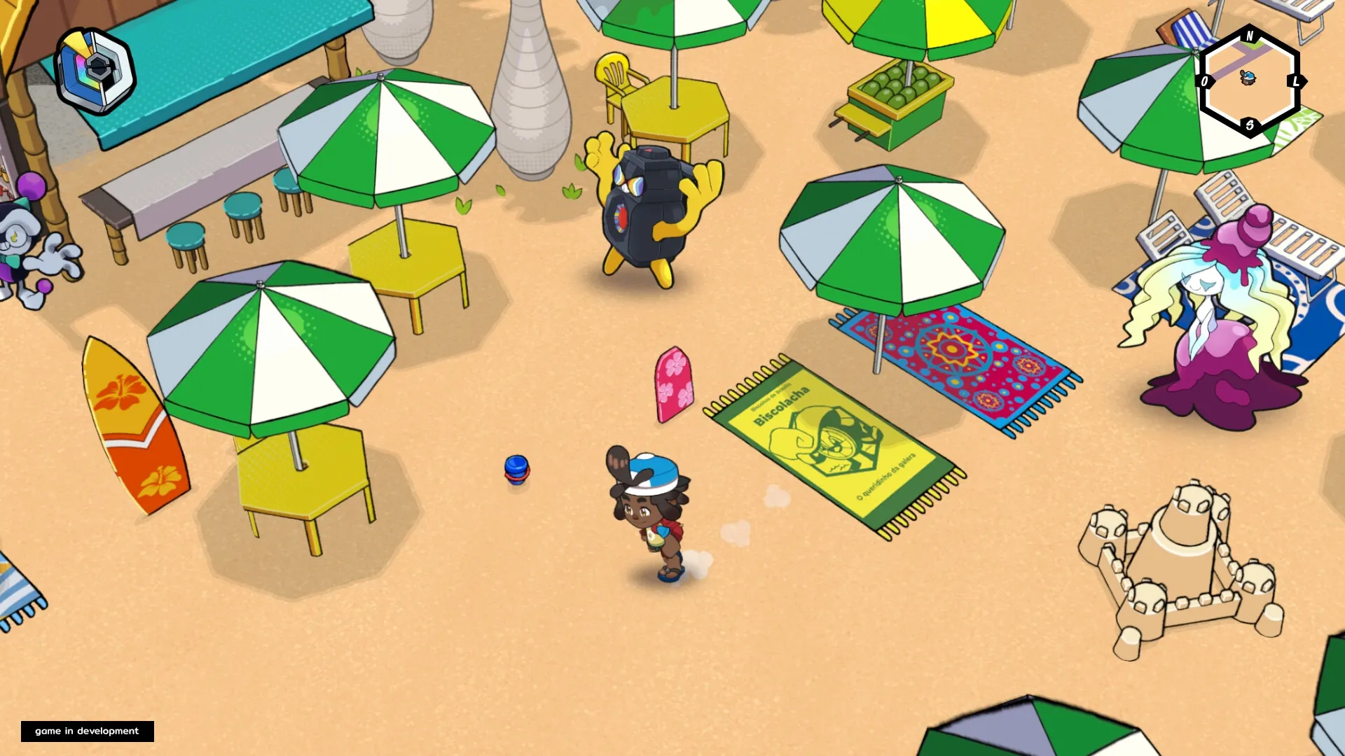 Bagdex: Player character explores a vibrant beach with umbrellas, surfboard, and colorful creatures