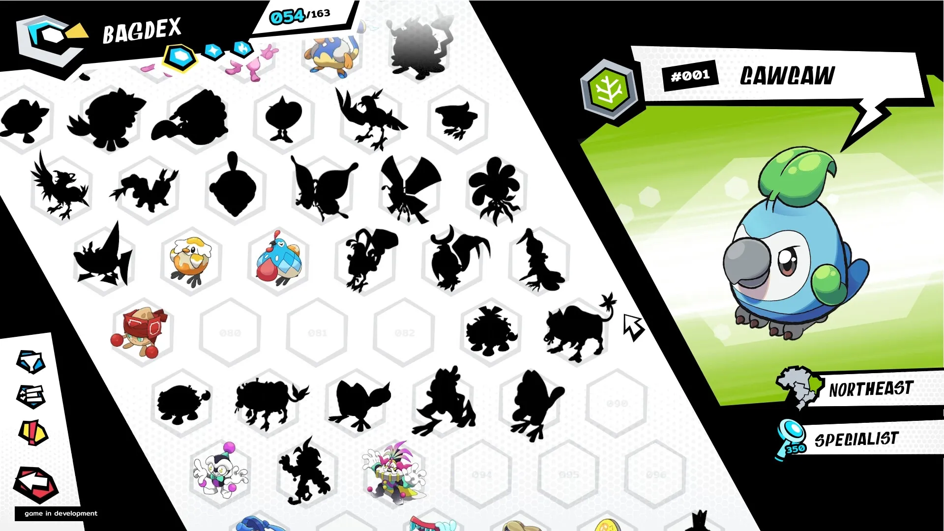 Bagdex: Creature collection screen featuring Cawcaw profile with stats and various silhouettes
