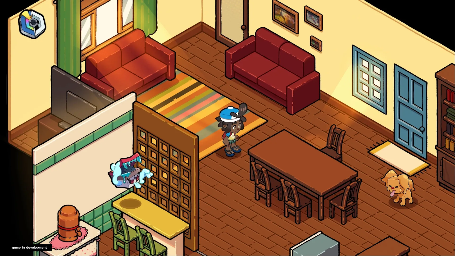 Bagdex: Main character exploring a cozy room with colorful rug, sofas, and a playful creature nearby