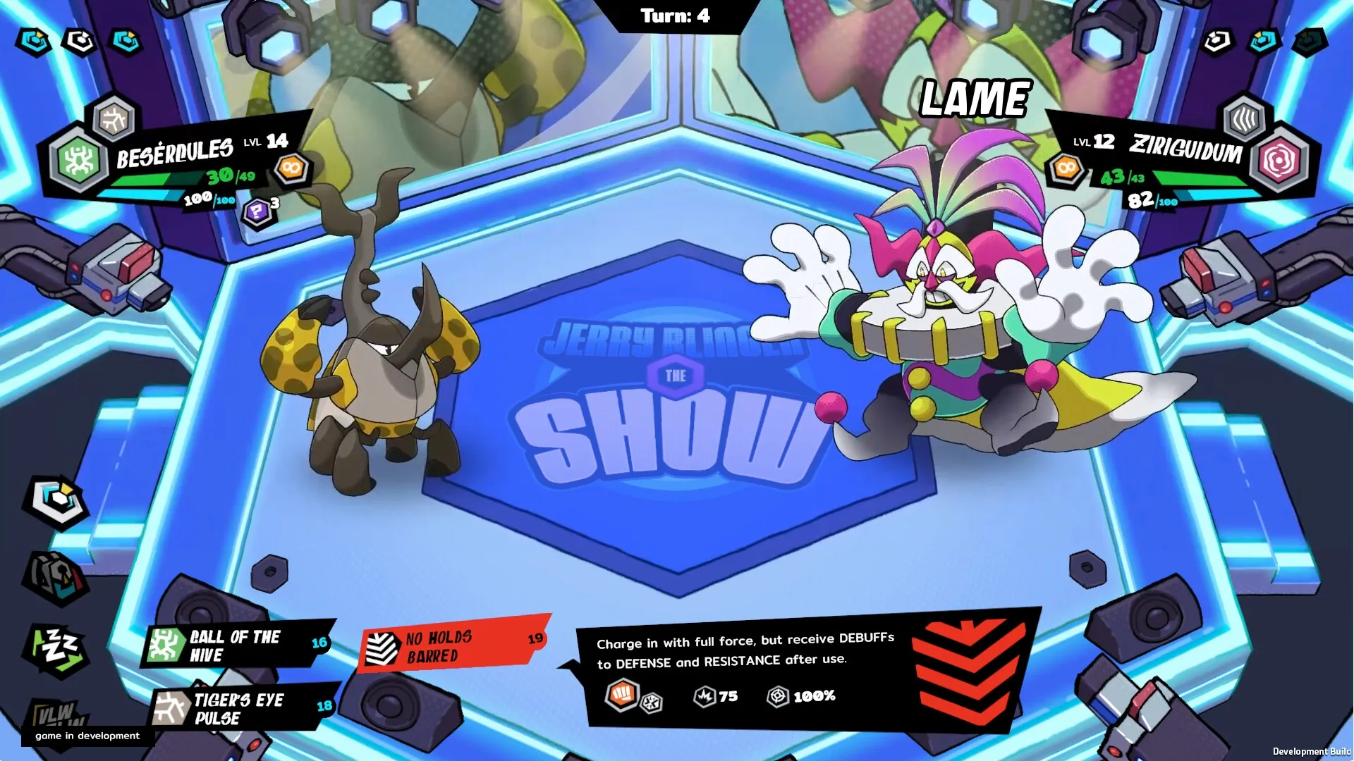 Bagdex: Battle between Besérdules and Ziriguidum in a neon-lit arena with combat options visible