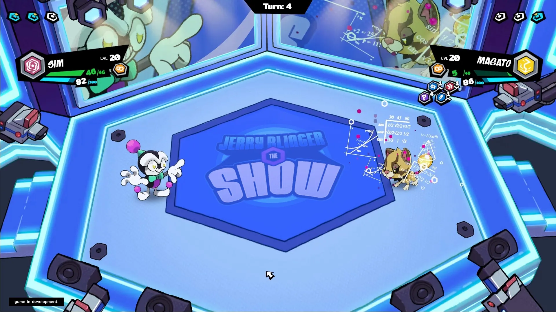 Bagdex: Combat scene between SIM and MAGATO in a futuristic arena with stats and turn info displayed
