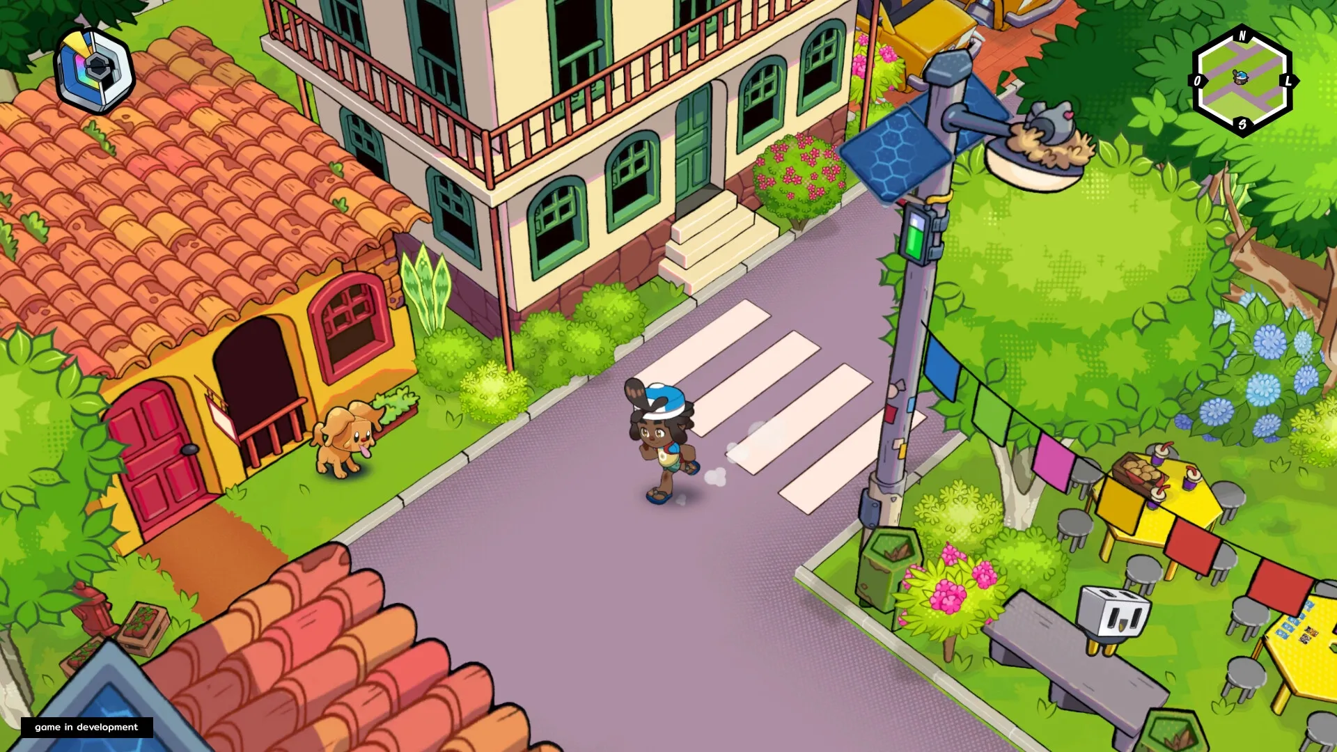 Bagdex: Character walking in colorful village with buildings, dog, streetlight, and mini-map visible