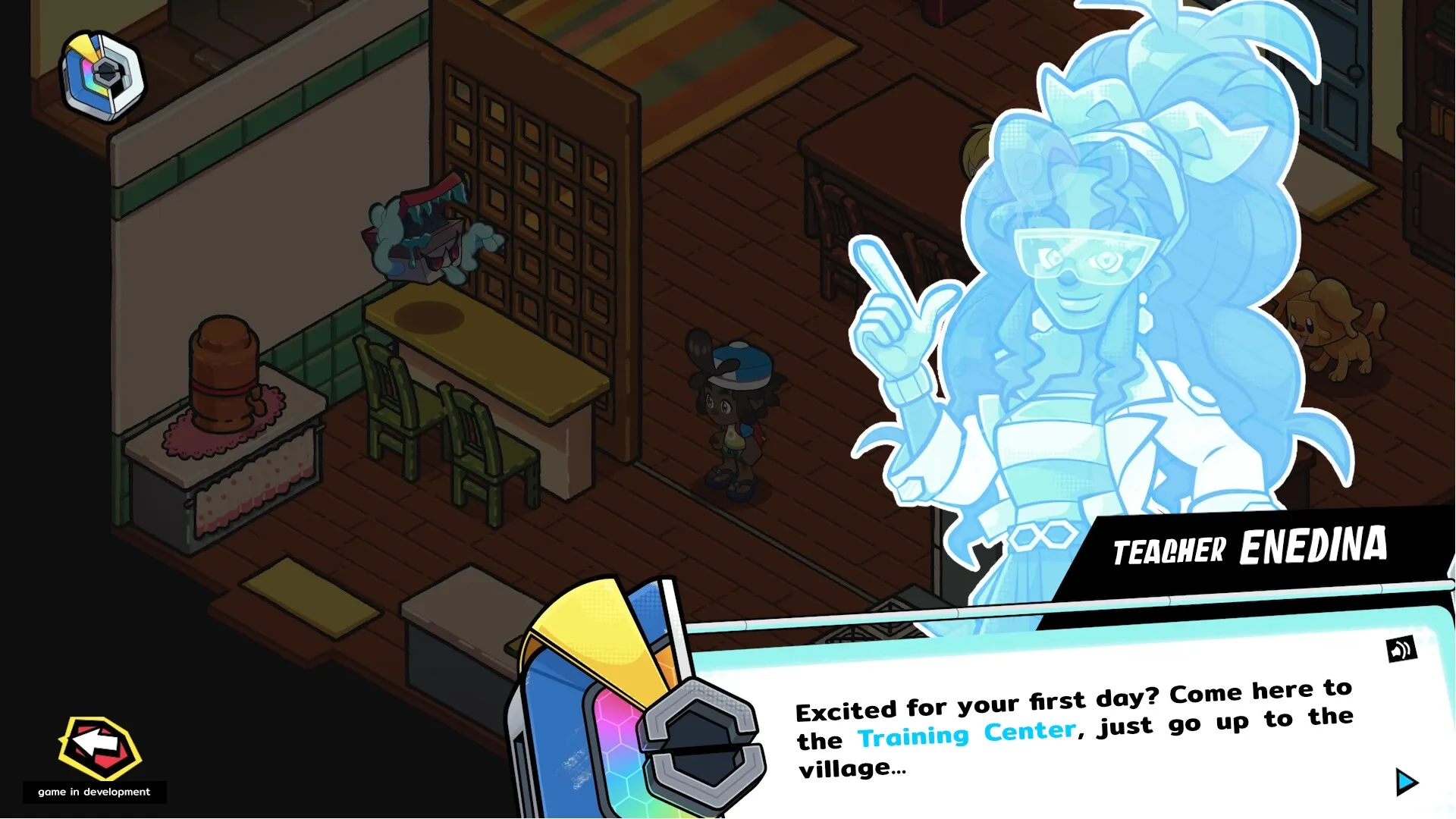 Bagdex: Teacher Enedina's hologram instructs player in cozy room with furniture and a small creature.
