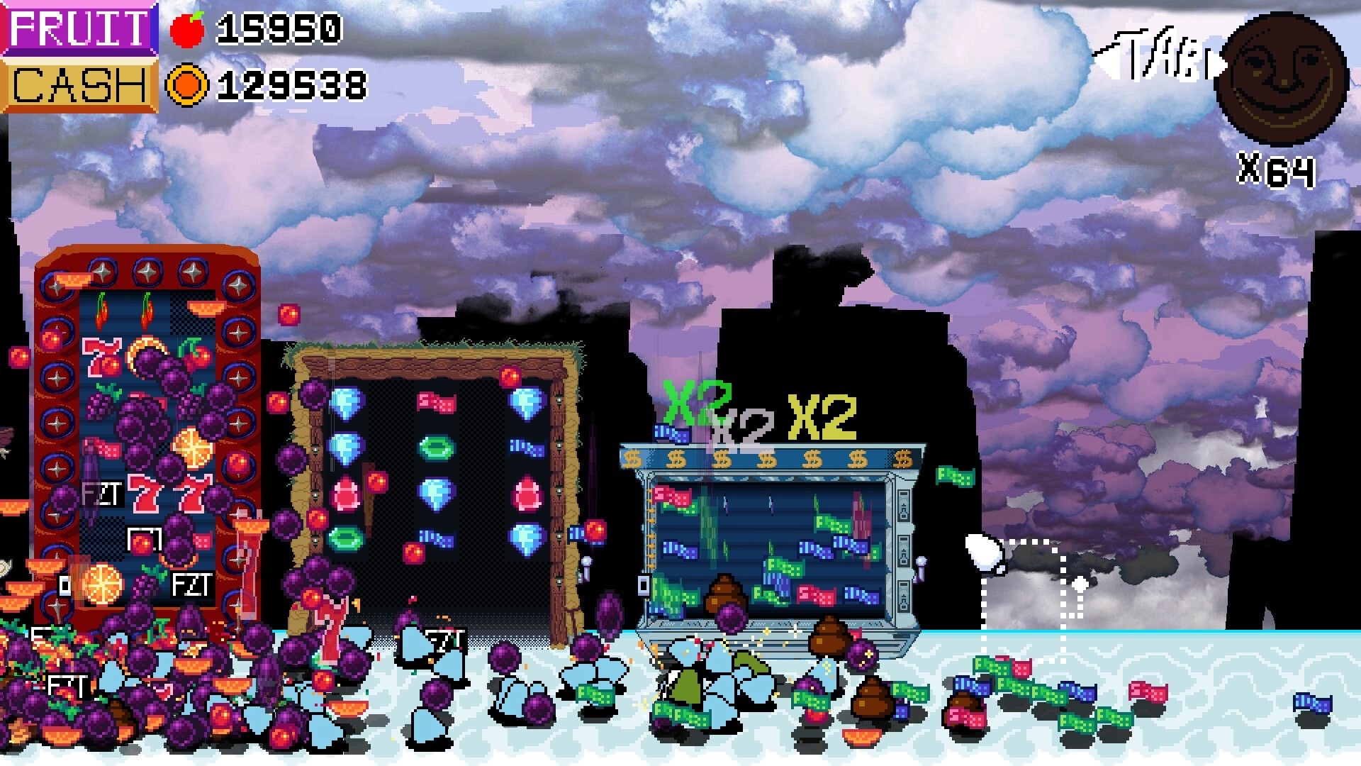 Bajillionaire: Slot machines spewing fruit, gems, and cash pickups on a cloudy sky platform stage.