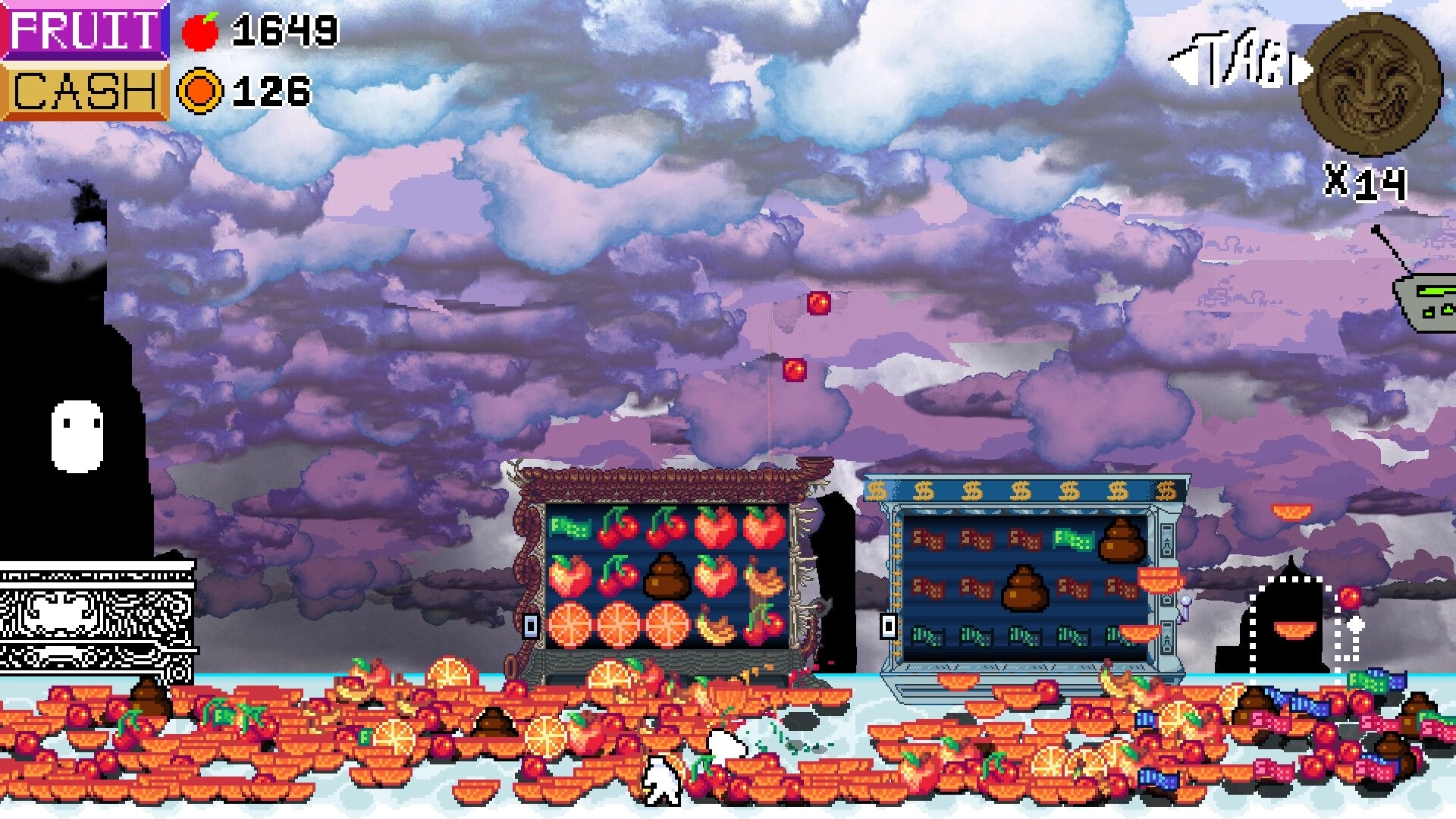 Bajillionaire: Two giant slot machines spilling fruit and coins across a cloudy purple sky backdrop.