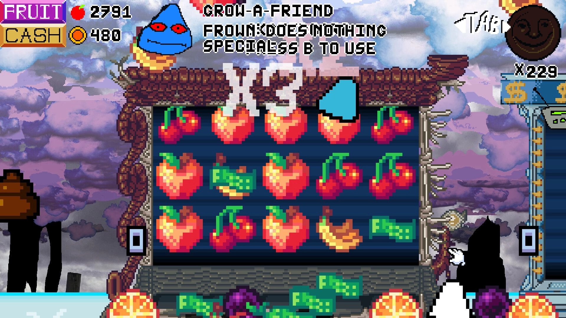 Bajillionaire: Fruit slot reels with apples and cherries, cash counters and bonus text in cloudy sky realm.