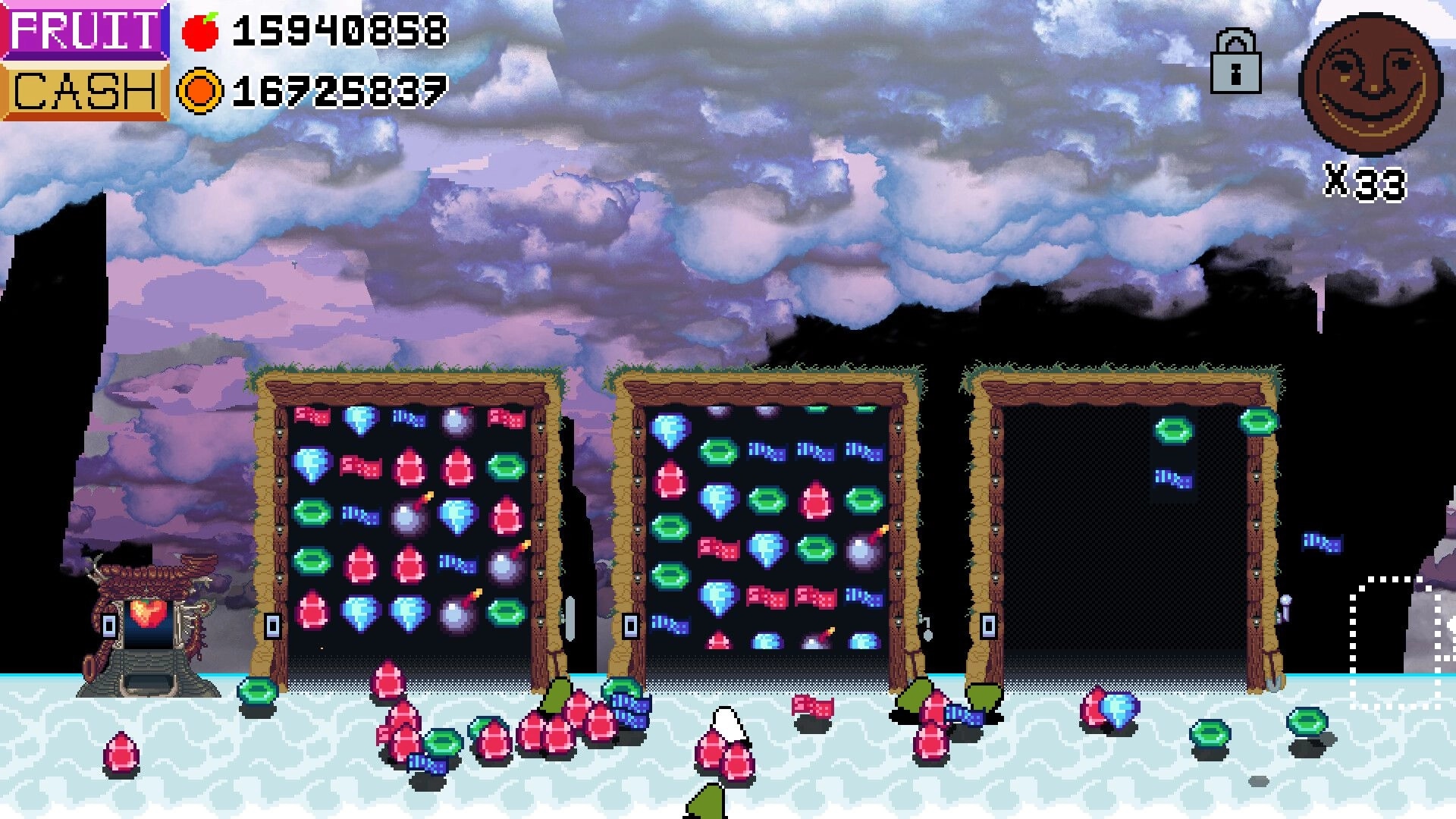 Bajillionaire: Three giant slot machine reels spilling gems and candy onto snowy ground under clouds.