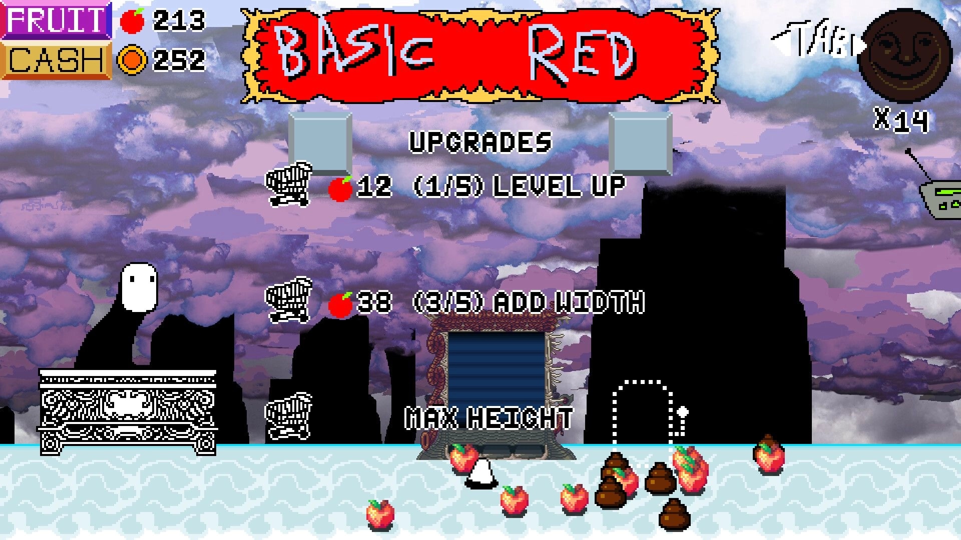 Bajillionaire: Basic Red upgrade menu with level up and add width options over cloudy sky backdrop.