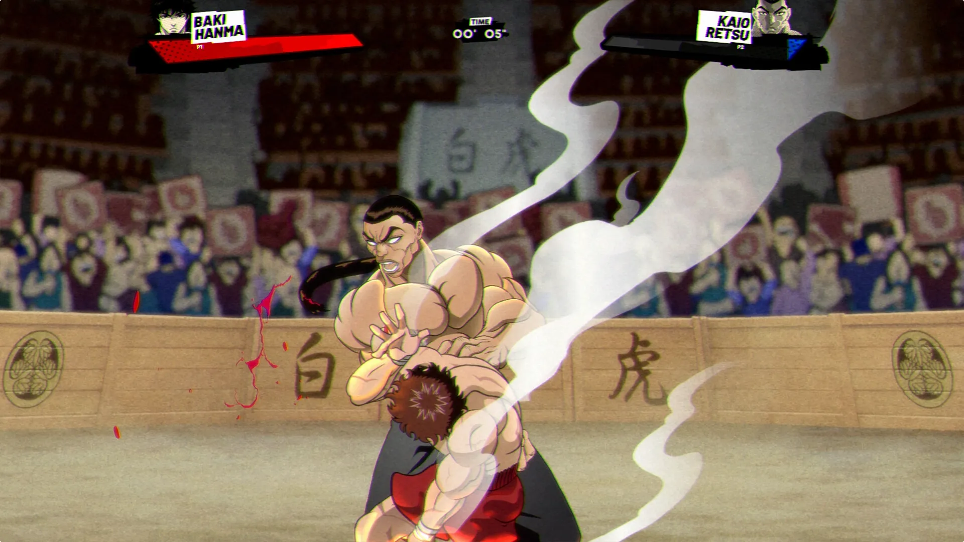 Baki Hanma: Intense arena combat with Baki grappling opponent, health bars and timer displayed