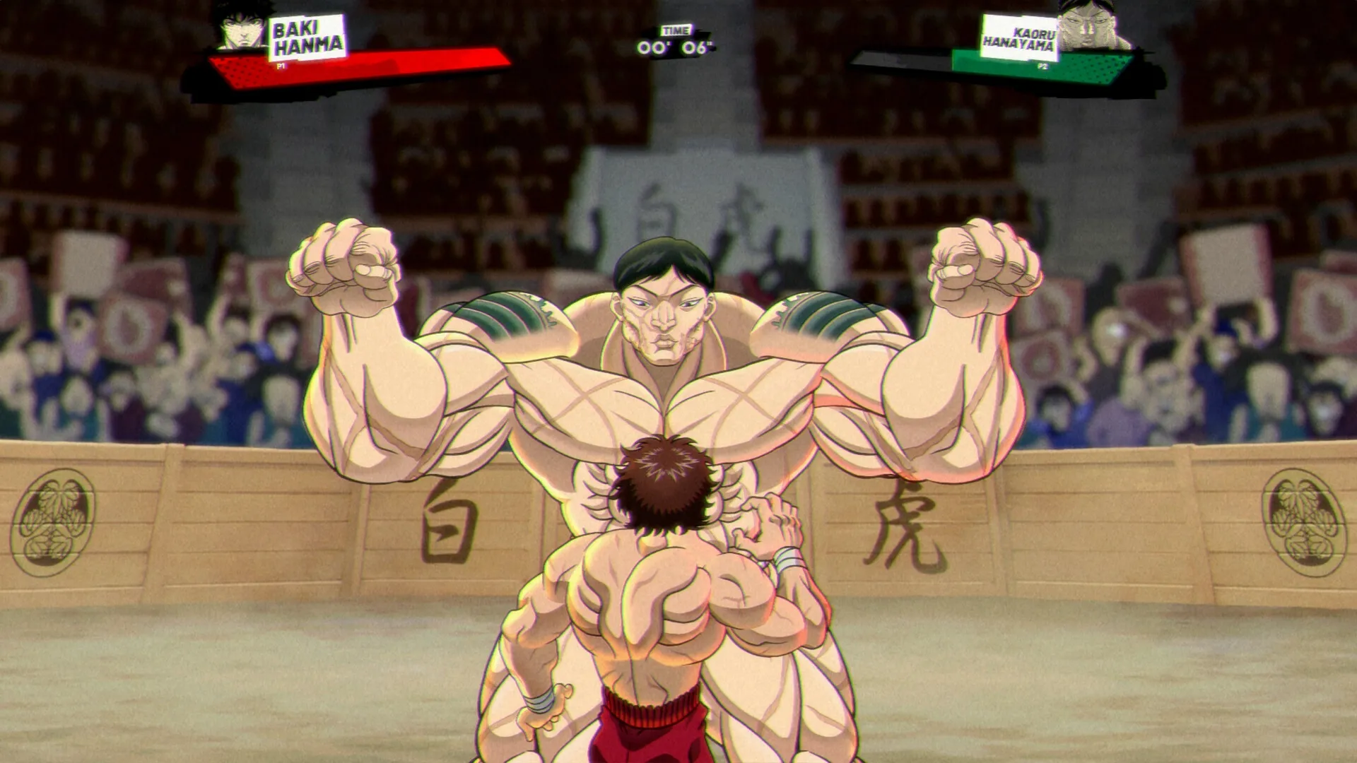 Baki Hanma: Intense arena face-off with Kaoru Hanayama, health bars and crowd in background