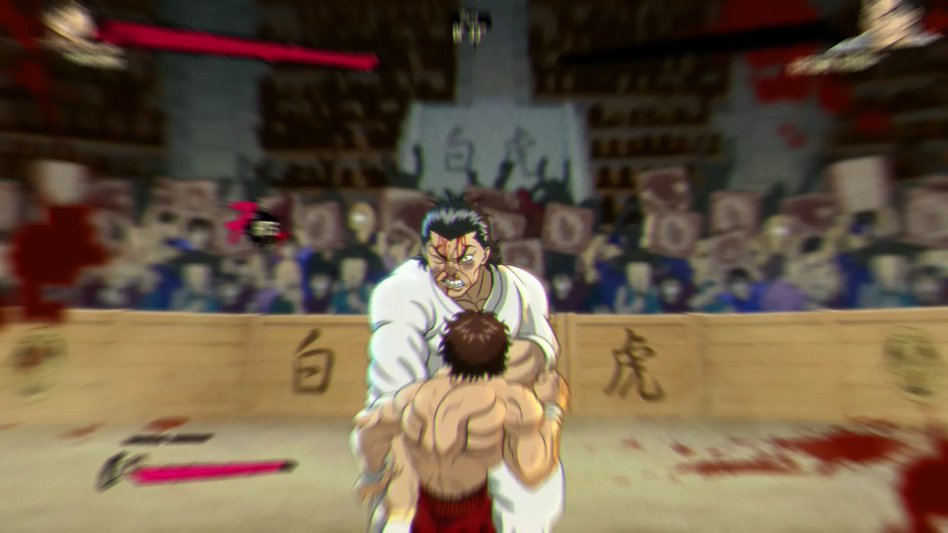 Baki Hanma: Intense arena fight with two combatants and cheering crowd in a bloodstained setting