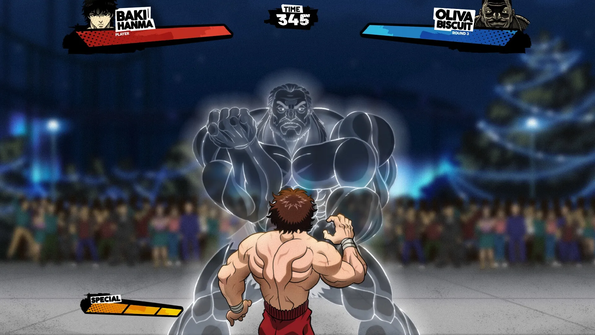 Baki Hanma: Facing giant opponent in arena with crowd in background, special move bar partially filled