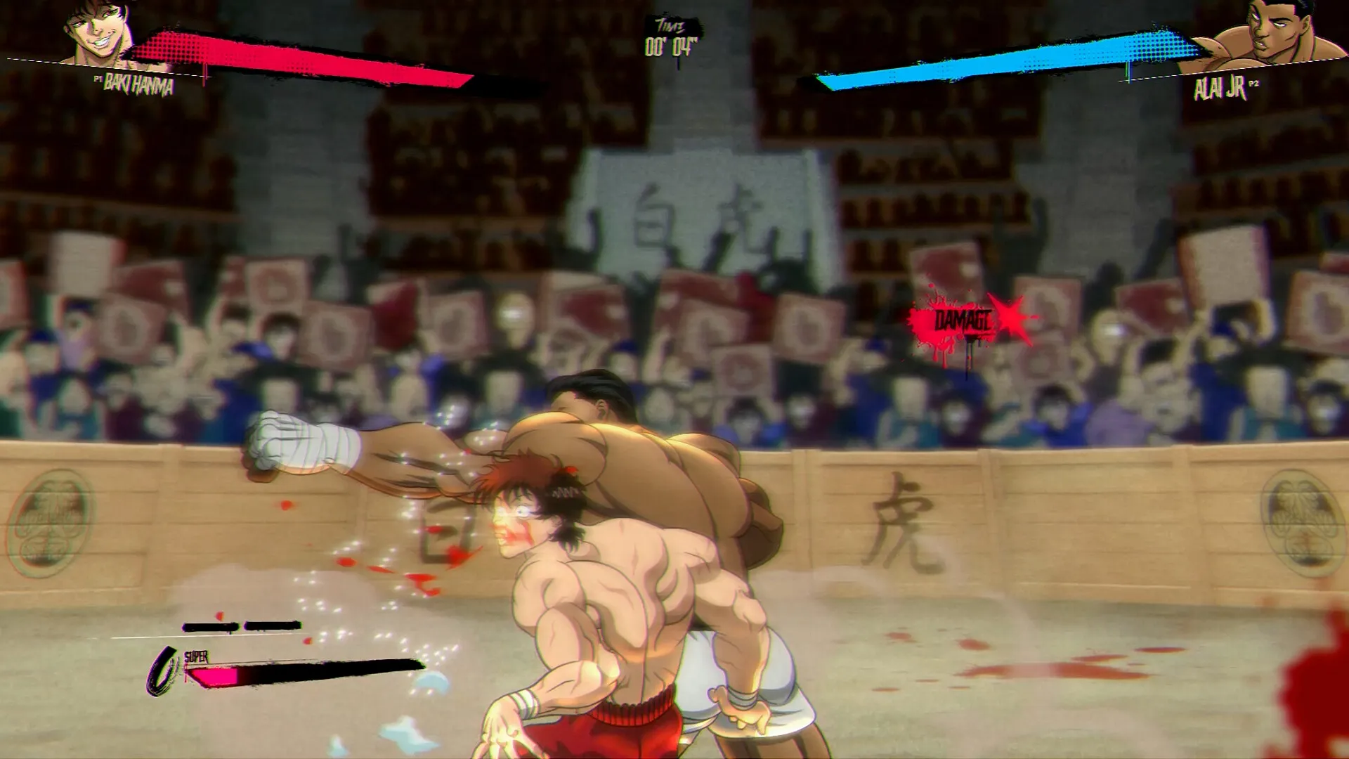 Baki Hanma: Intense arena fight with Baki and Alai Jr. as crowd cheers, health bars shown