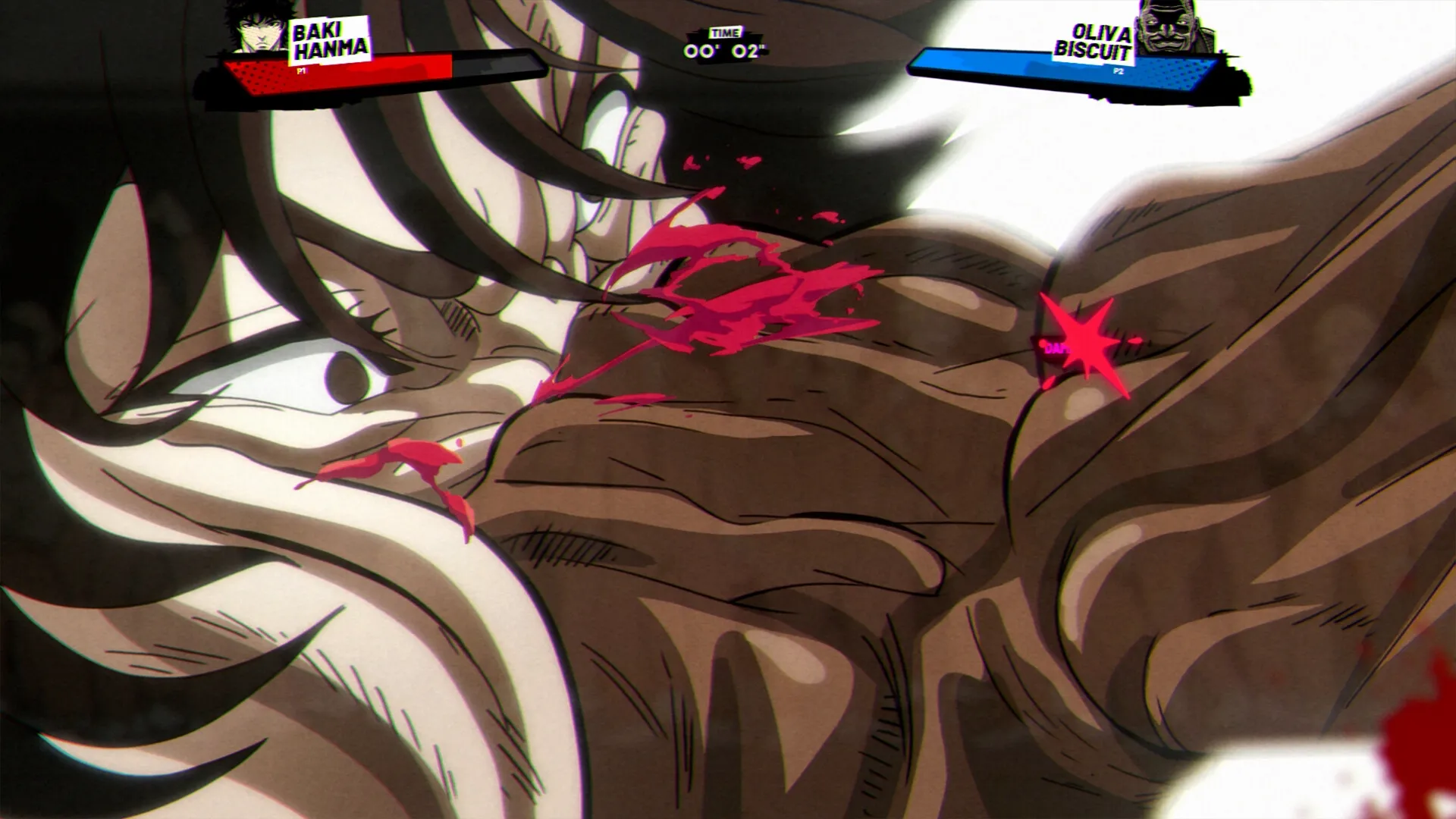 Baki Hanma: Intense close-up combat scene with Baki and Oliva in fierce battle, health bars visible