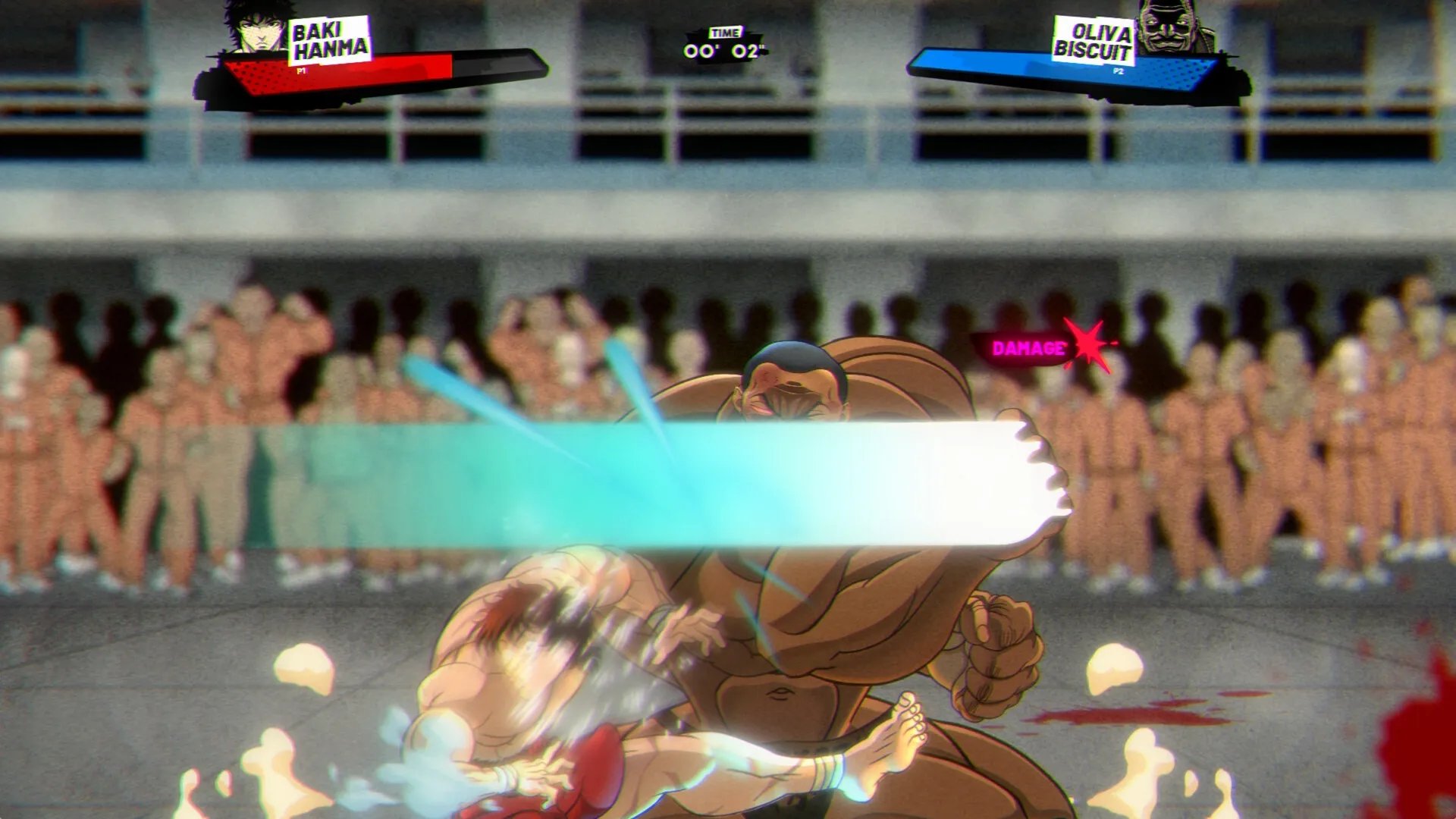 Baki Hanma: Intense combat scene with Baki attacking Oliva in front of cheering crowd in arena