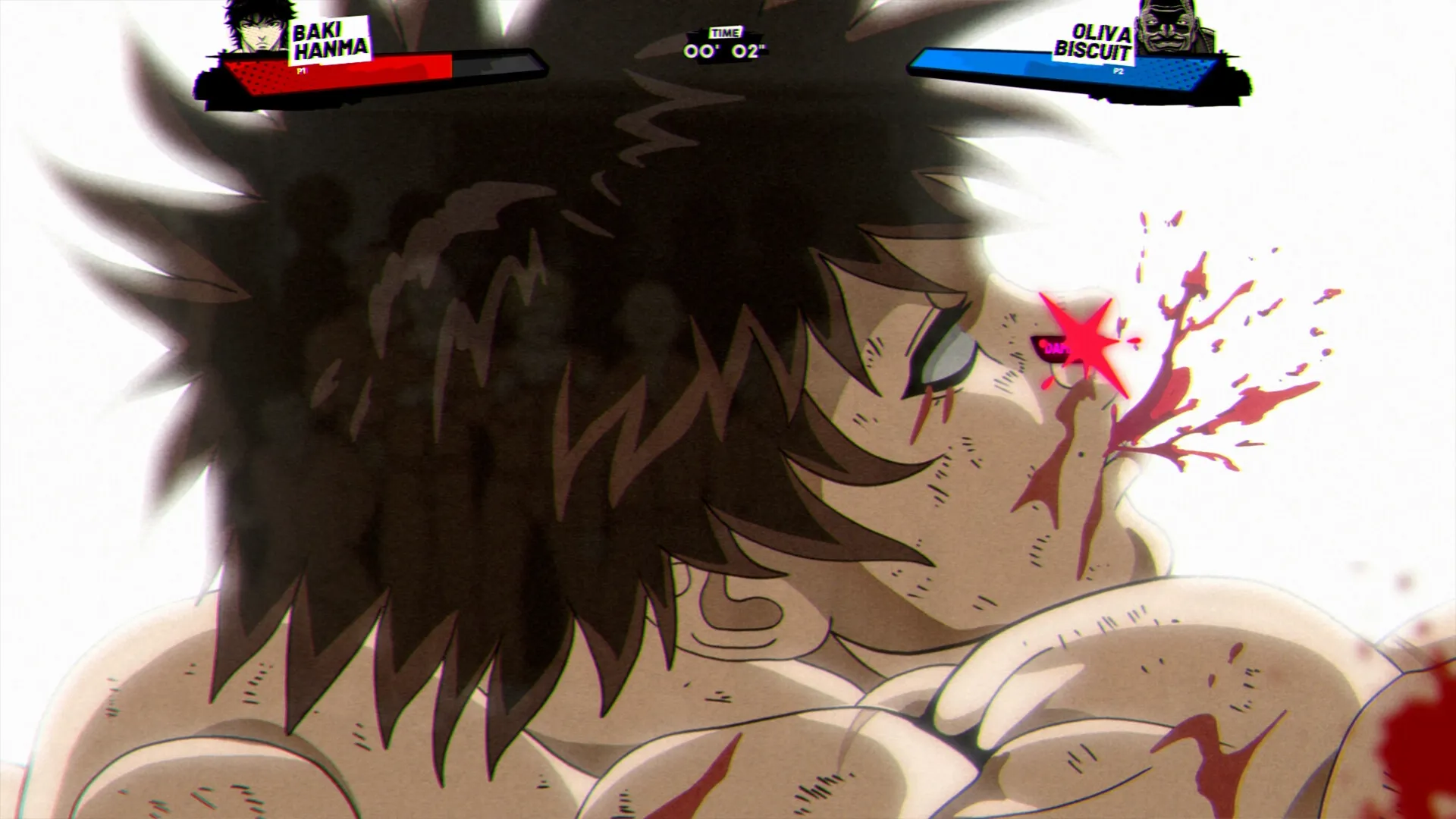 Baki Hanma: Close-up combat scene with intense facial expression and blood splatter in arena setting