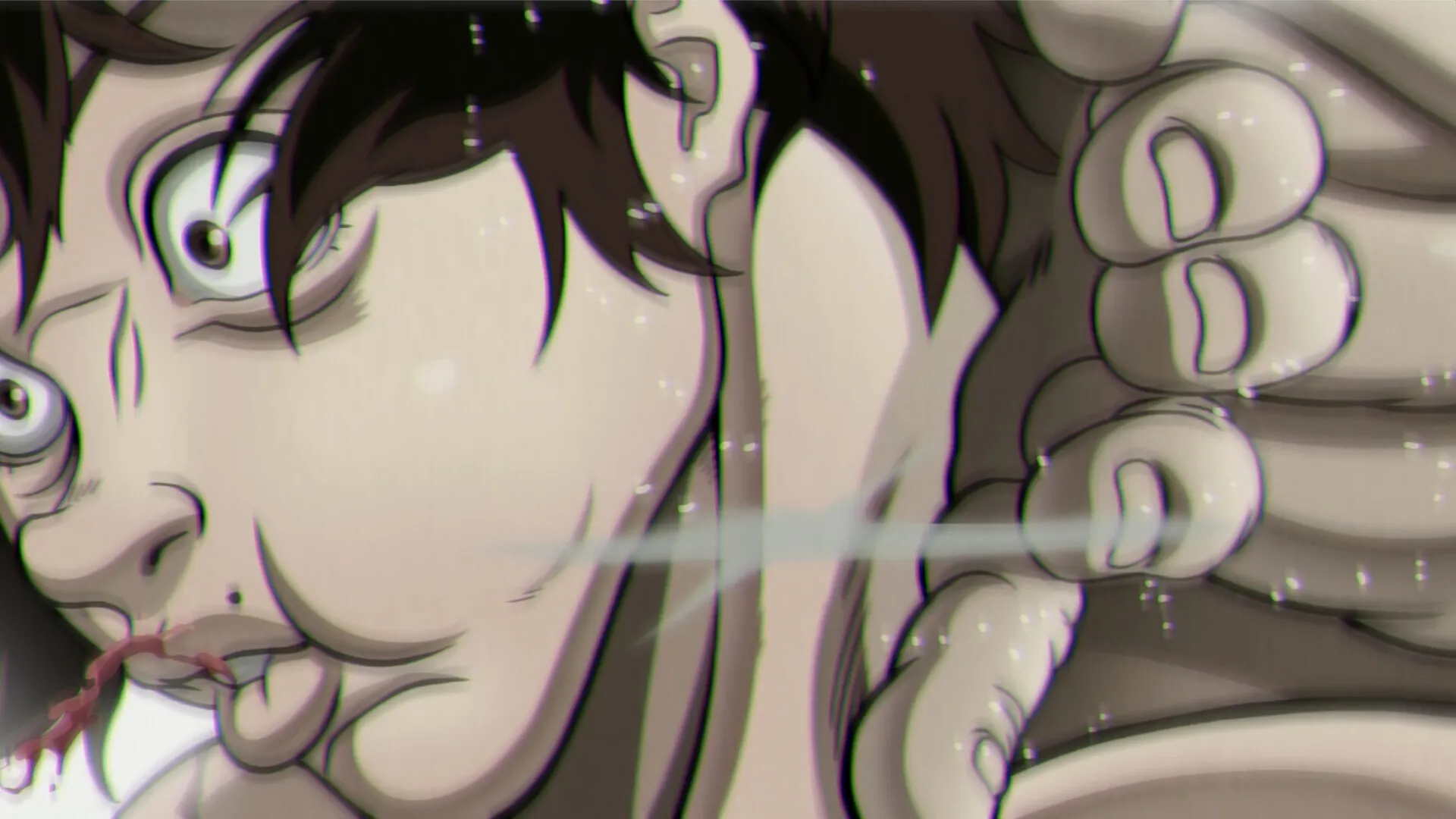 Baki Hanma: Intense close-up of a character in battle with a hand gripping his face tightly