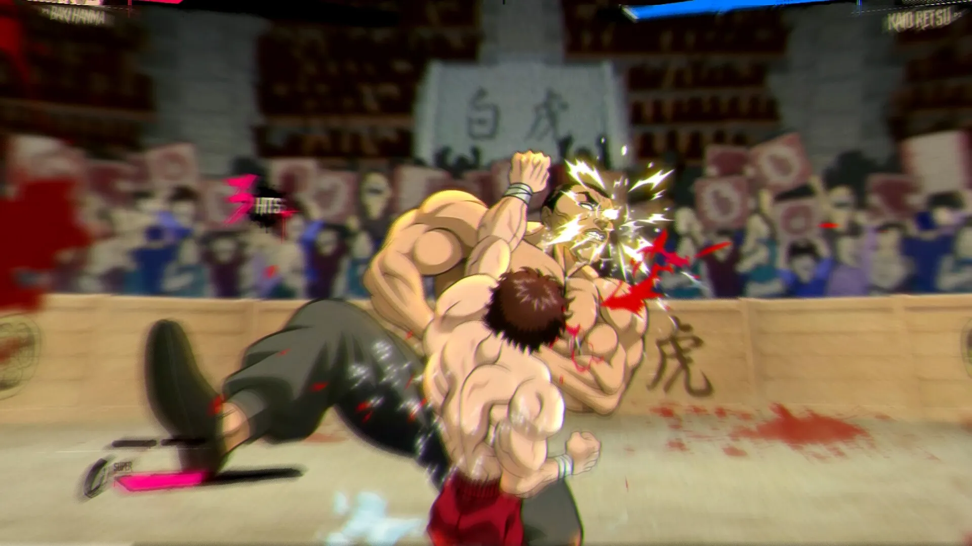 Baki Hanma: Intense arena combat scene with Baki landing a powerful punch on a muscular opponent