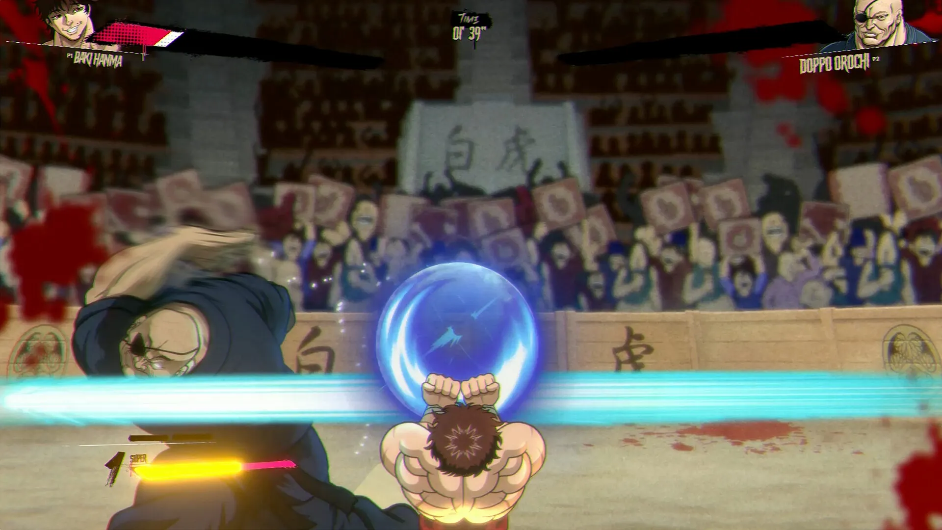 Baki Hanma: Intense combat with energy blast against opponent in a crowded arena setting