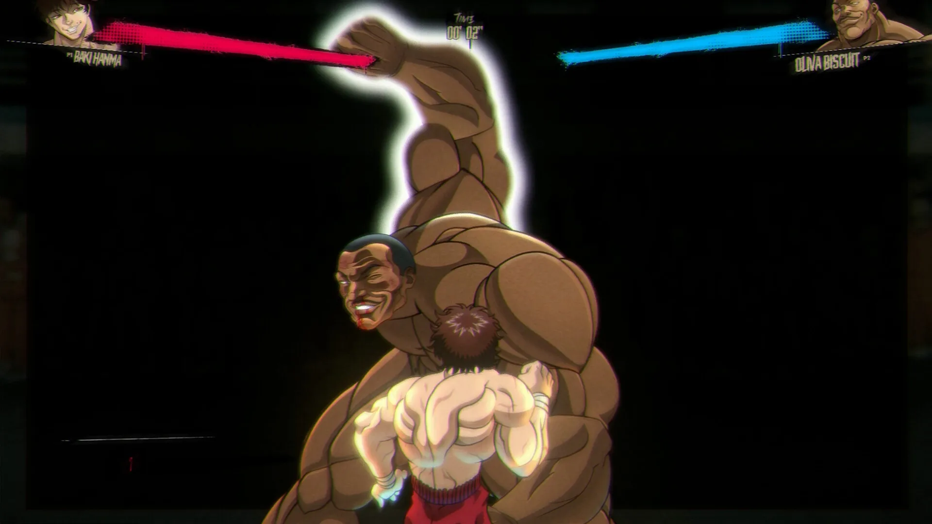Baki Hanma: Intense fight scene with Baki facing a towering opponent in a dark arena setting