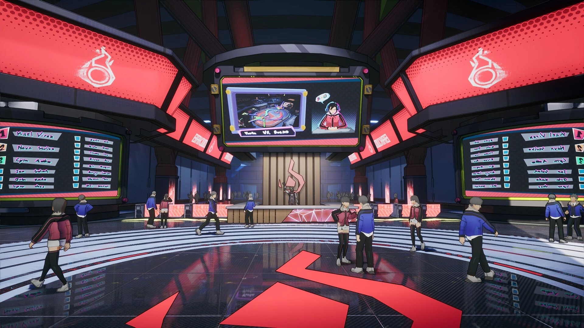 BAKUDO: Students browse match boards and a big screen in a neon-lit academy tournament hall.