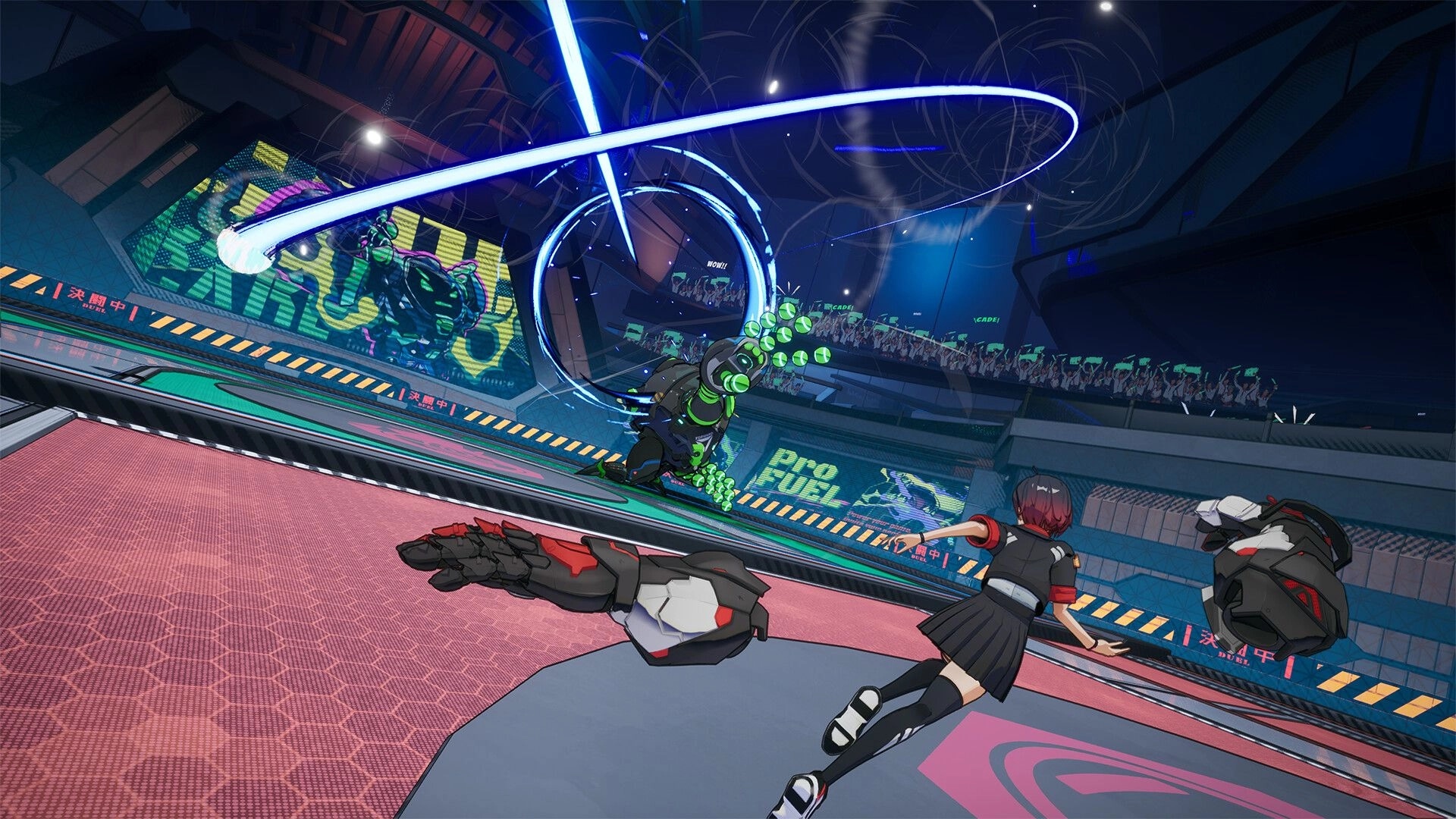 BAKUDO: Player dodges a neon energy ring attack in a packed futuristic arena with billboards.
