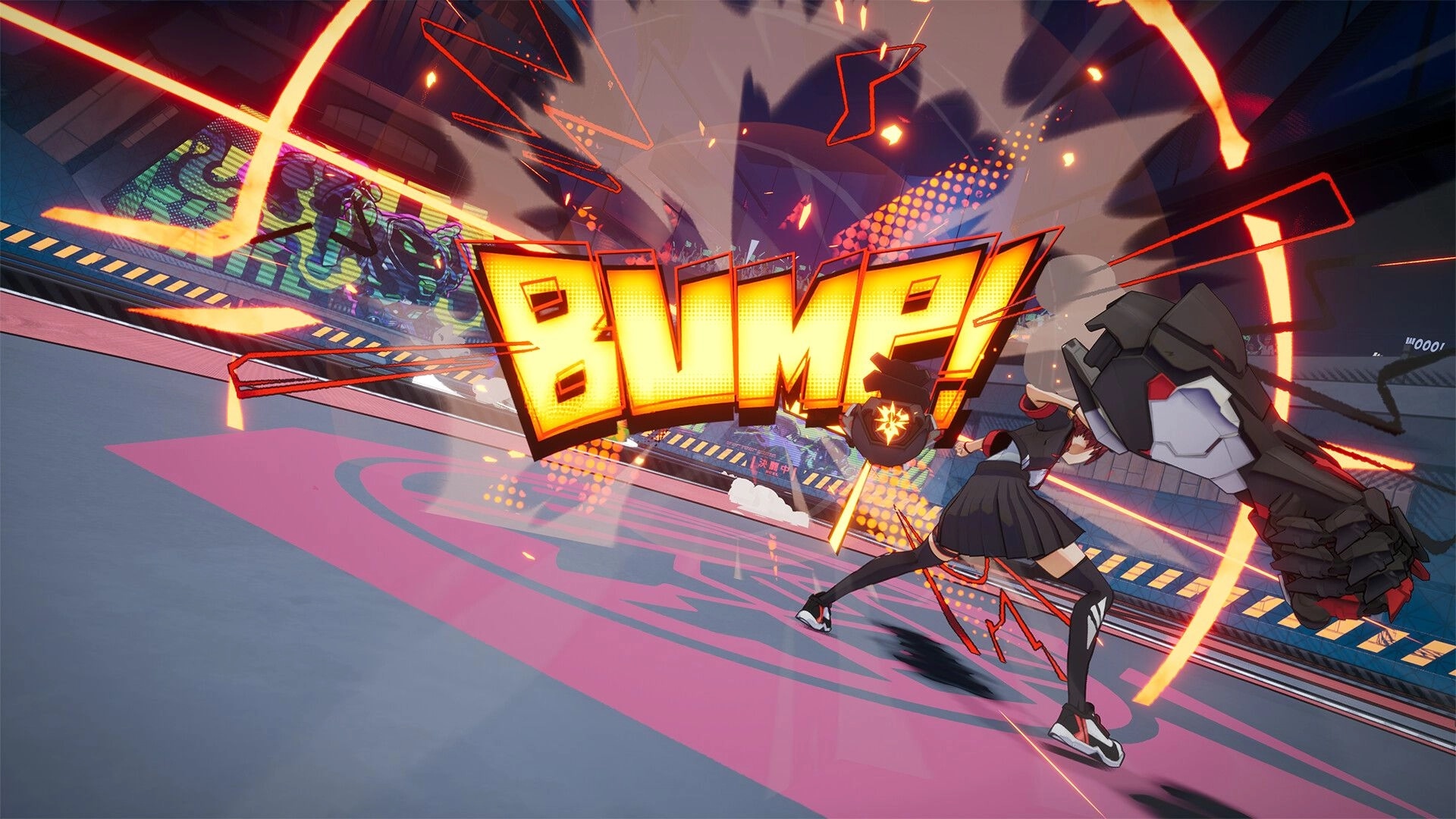 BAKUDO: Schoolgirl fighter lands a heavy punch as “BUMP!” bursts onscreen in neon arena court.