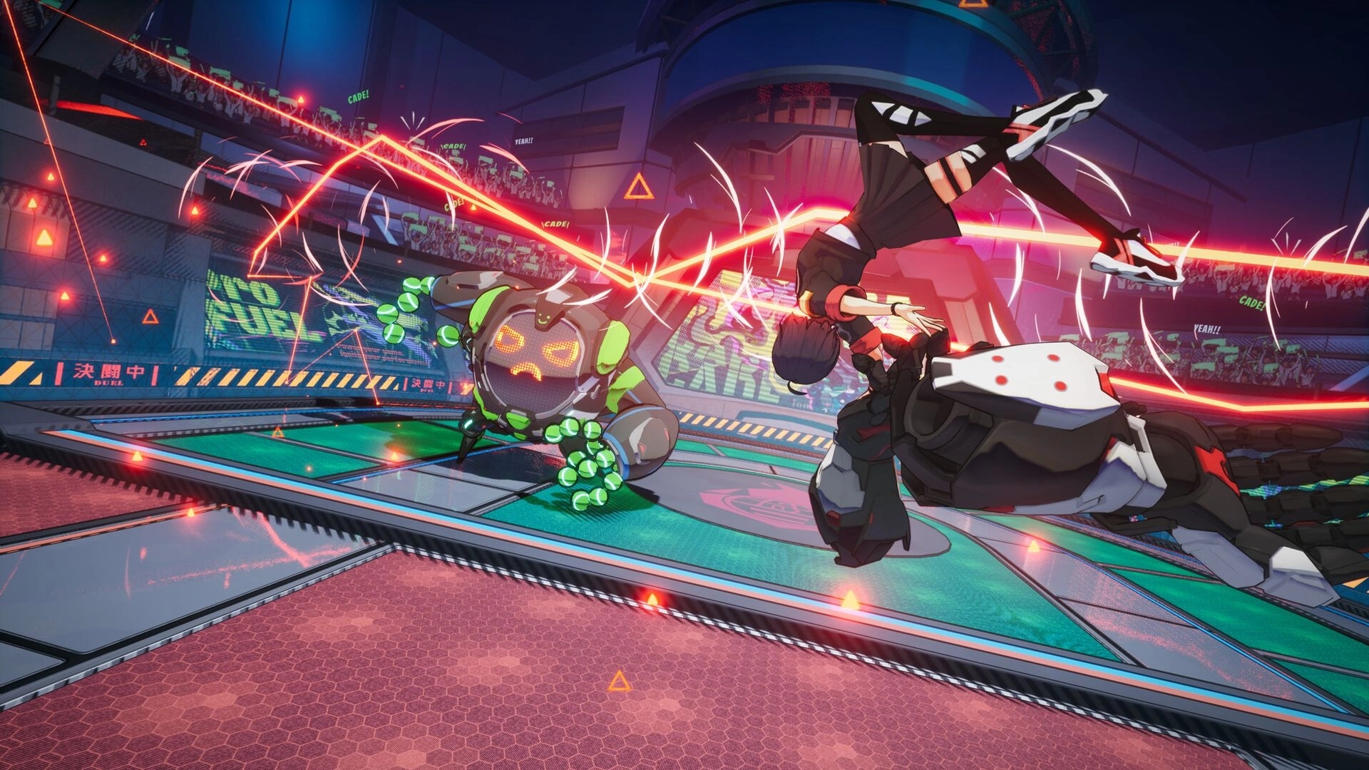 BAKUDO: Player flips over a robotic foe amid red laser trails in a neon-lit arena with crowd stands.