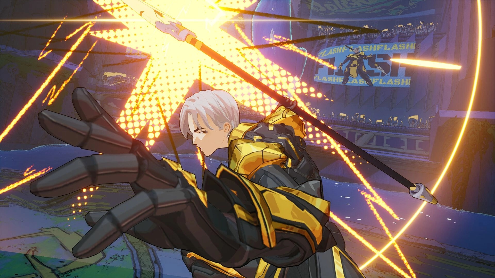 BAKUDO: Armored fighter thrusts a gloved hand forward amid sparks in a neon arena stadium crowd.