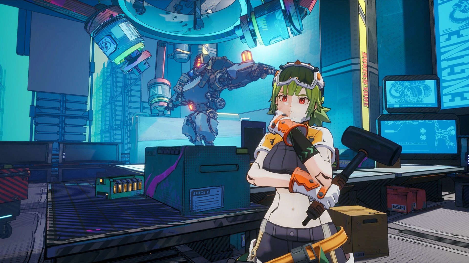 BAKUDO: Green-haired mechanic holds a sledgehammer in a neon lab with robot arm and monitors.