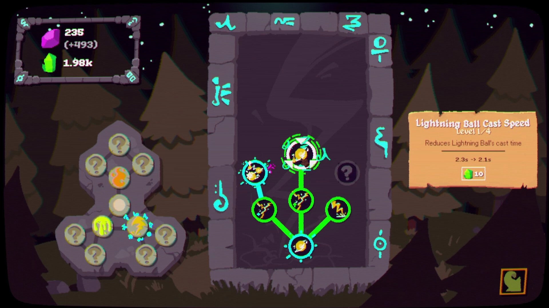 Ball Wizard: Lightning Ball skill tree upgrade menu with cast speed tooltip over a dark forest backdrop.