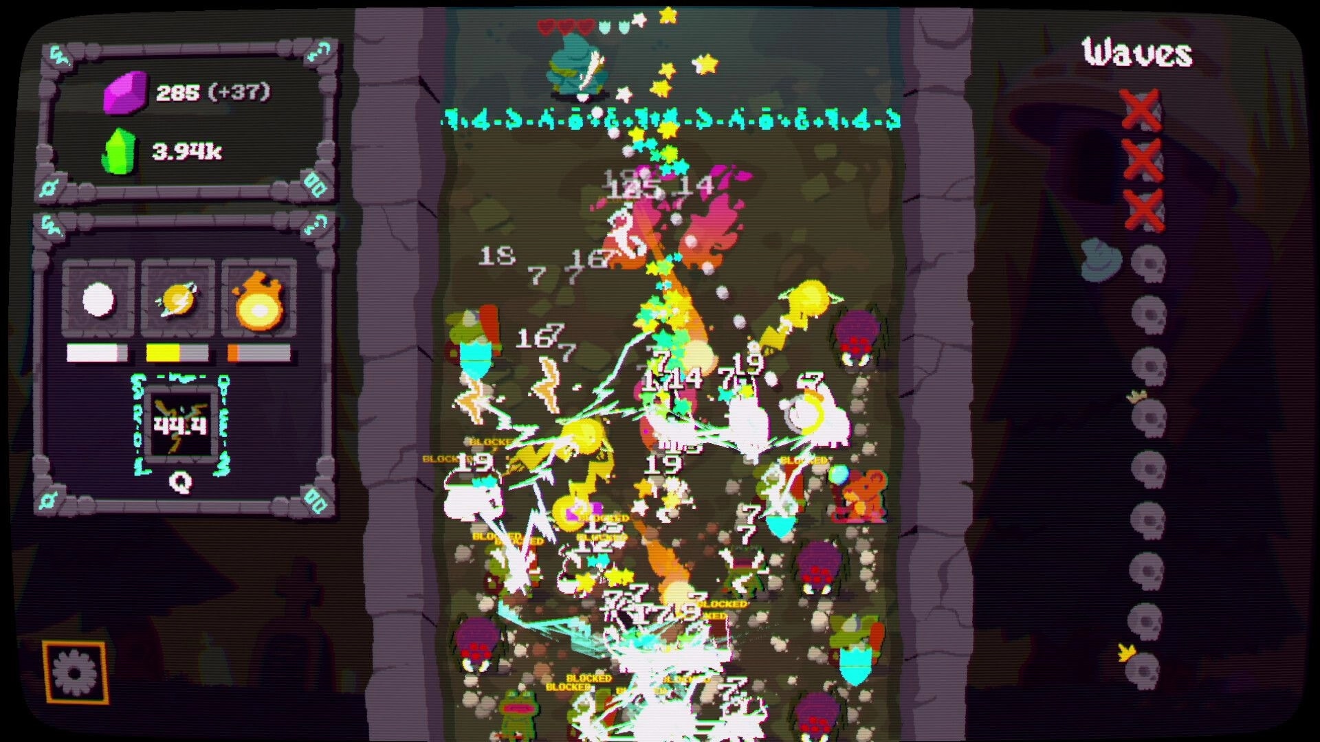 Ball Wizard: Chaotic wave fight with balls and damage numbers in a stone corridor, Waves panel UI.